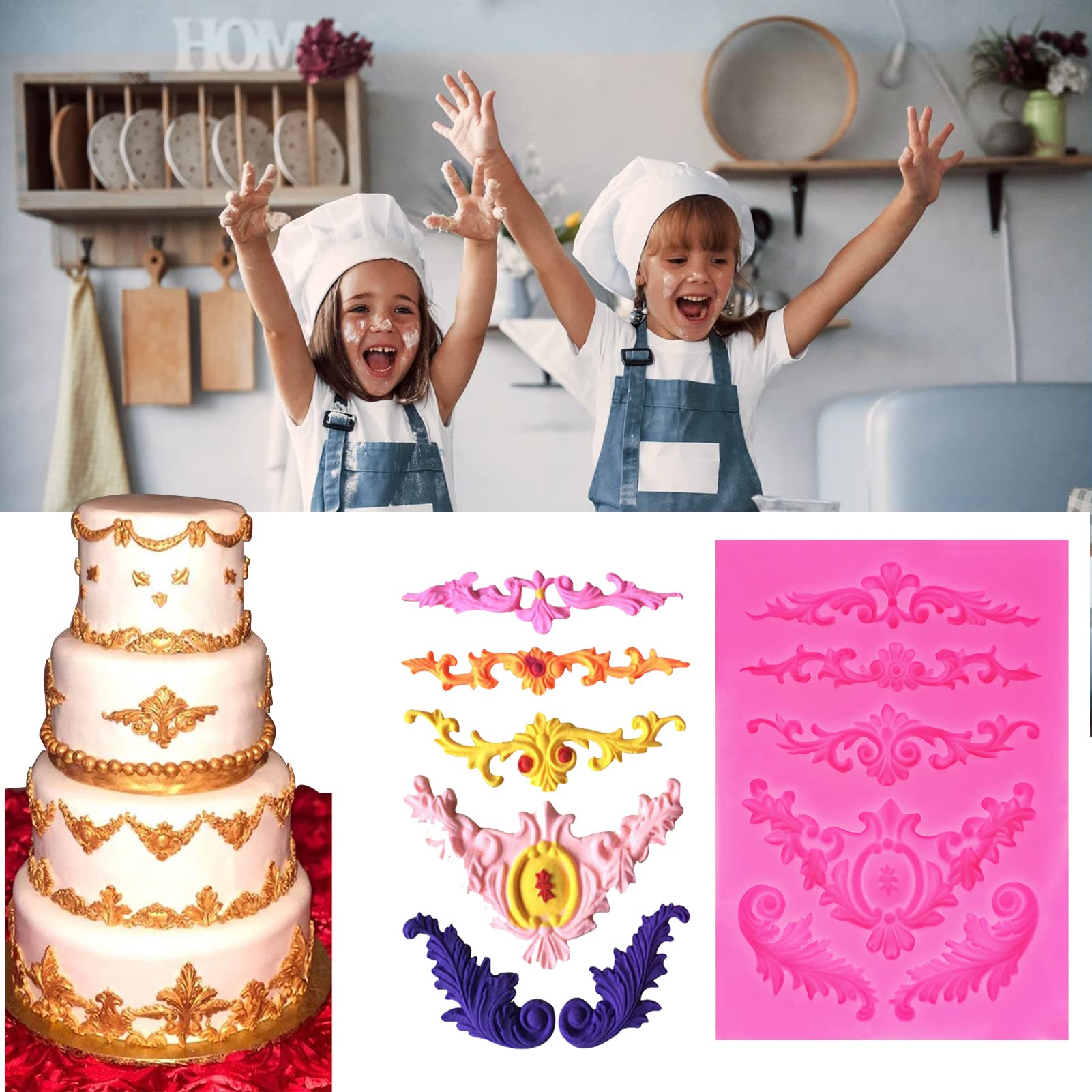Rainmae 6 Pcs Baroque Style Curlicues Scroll Lace Fondant Silicone Mold, Relief Flower Lace Mould Filigree Mold 3D Sculpted Deco