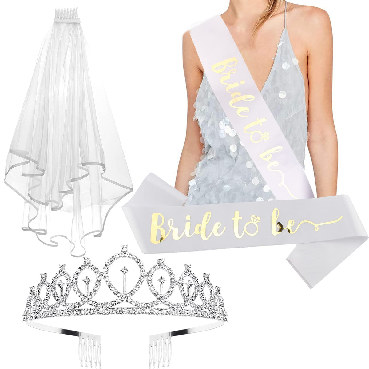 Crown + Bride To Be Sash + Veil Set, Bachelorette Party Favors Bridal Shower Decorations Bride To Be Gifts Wedding Veil Tiara Ba