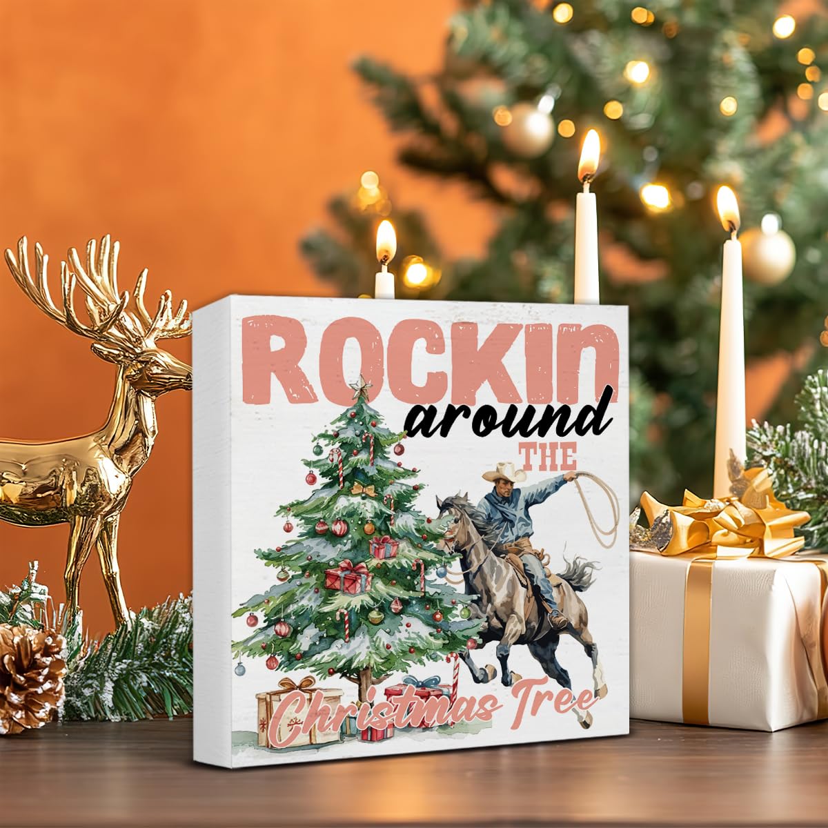 Western Christmas Decorations, Christmas Tree Wooden Sign, Christmas Room Decor, Christmas Decor for Desk Table Shelf 5 x 5 Inch