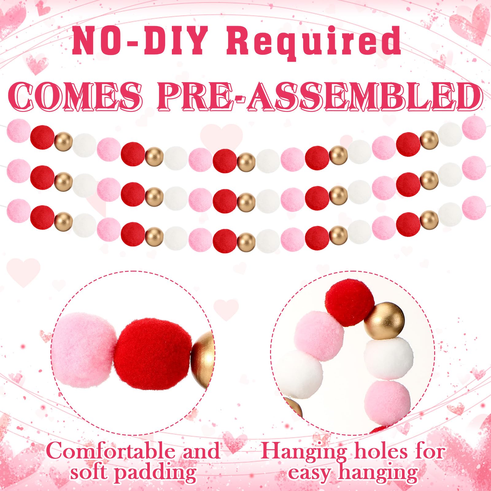 2 Pcs Valentines Day Garland Decoration Valentine Pom Pom Wool and Wood Felt Ball Valentines Felt Garland with Gold Wood Beads V