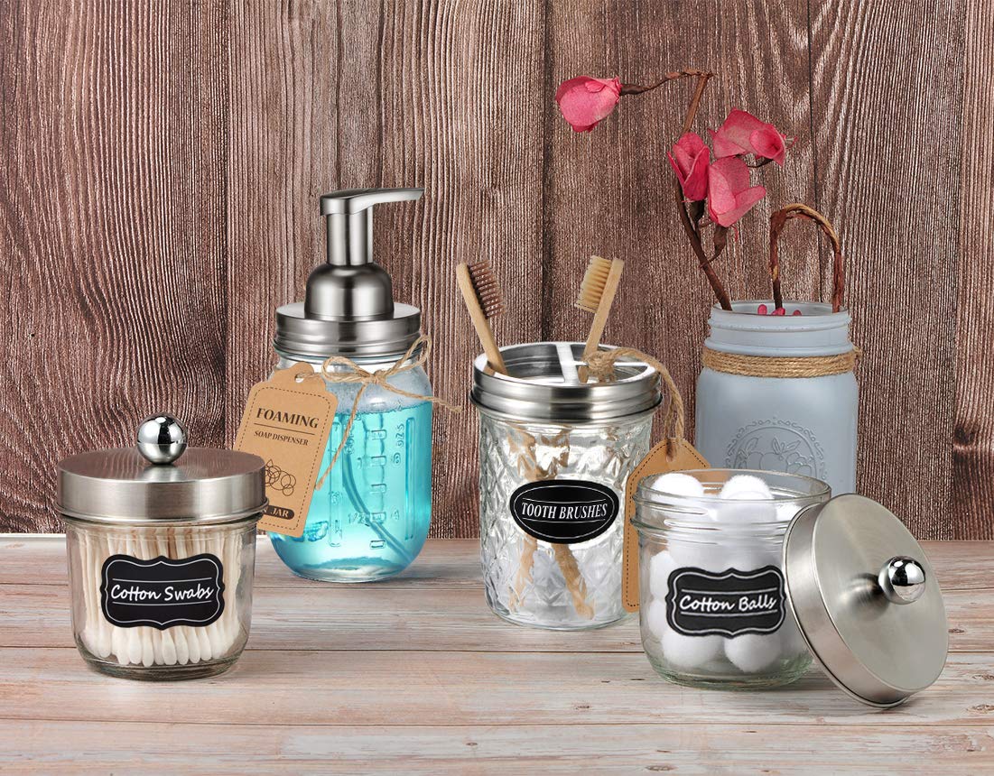 Mason Jar Foaming Soap Dispenser -Rustproof Stainless Steel Lid/BPA Free Foam Pump-Waterproof Chalkboard Labels-Farmhouse Decor Bathroom Accessories Refillable &Eco Friendly -Brushed Nickel (2 Pack)