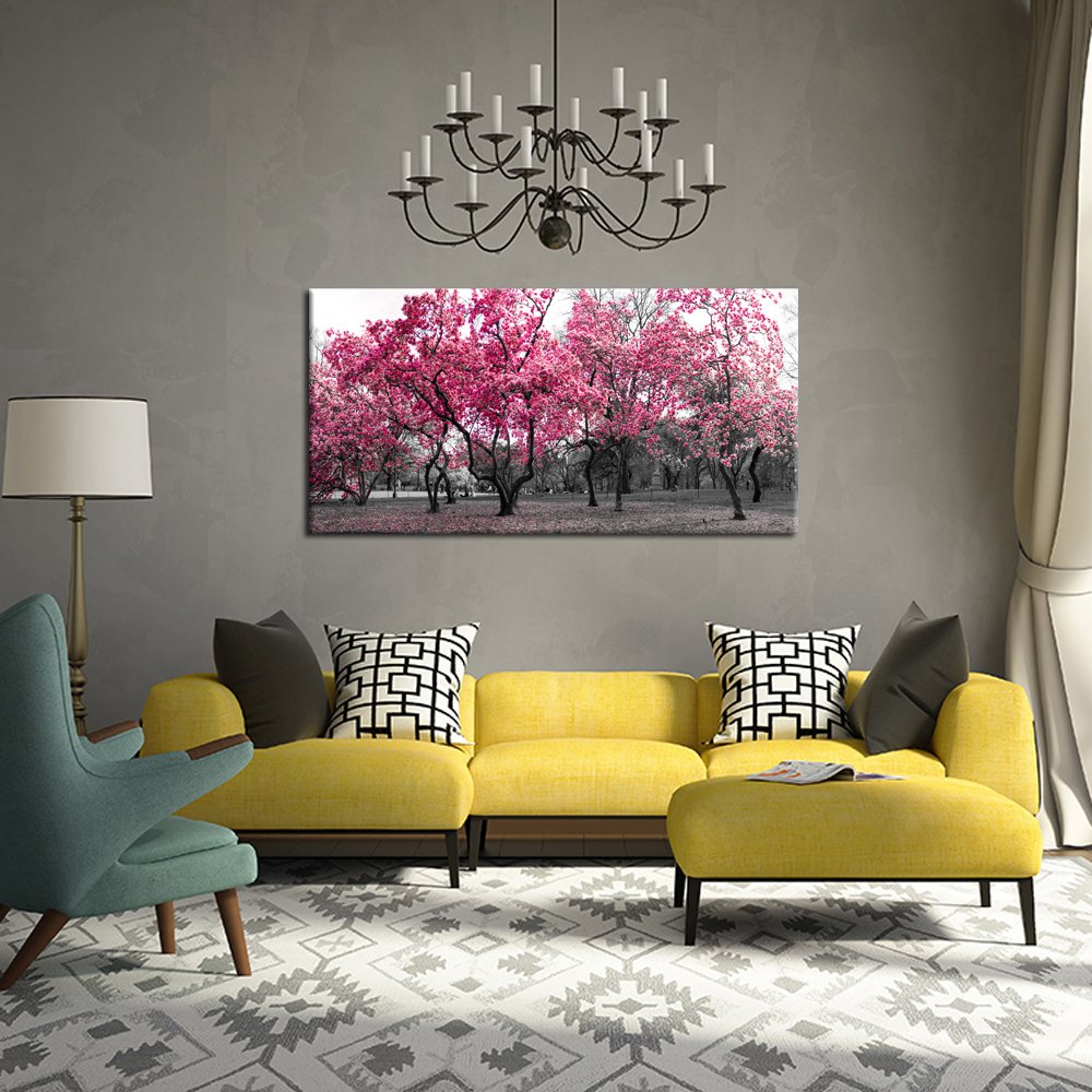 KREATIVE ARTS Large Wall Art Painting Contemporary Pink Tree In Black And White Fall Landscape Picture Modern Giclee Stretched And Framed Artwork for Office Living Room Decoration