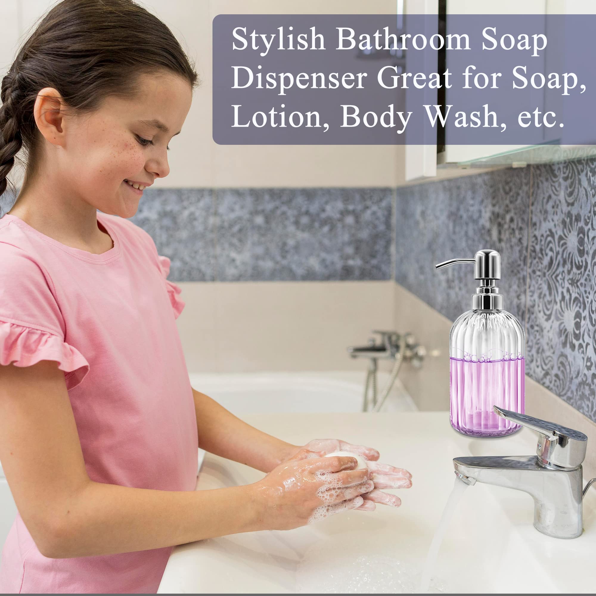 Soap Dispenser - 2 Pack 14 Oz Glass Soap Dispenser With Rust Proof Stainless Steel Pump, Refillable Liquid Bottle Dispenser, Pre