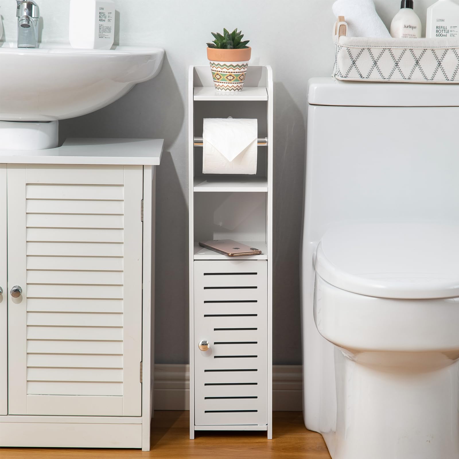 Toilet Paper Holder Stand  Storage Cabinet Beside Toilet for Small Space Bathroom with Toilet Roll Holder  White by AOJEZOR