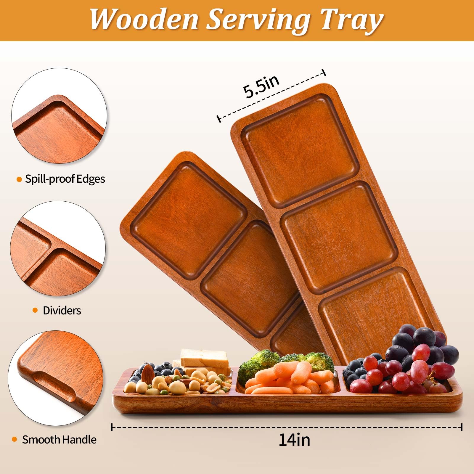 Lorbro Acacia Wood Serving Tray, 14'' X 5.5'' Wooden Serving Platter, 3 Section Rectangular Wooden Trays For Food, Cheese, Snack