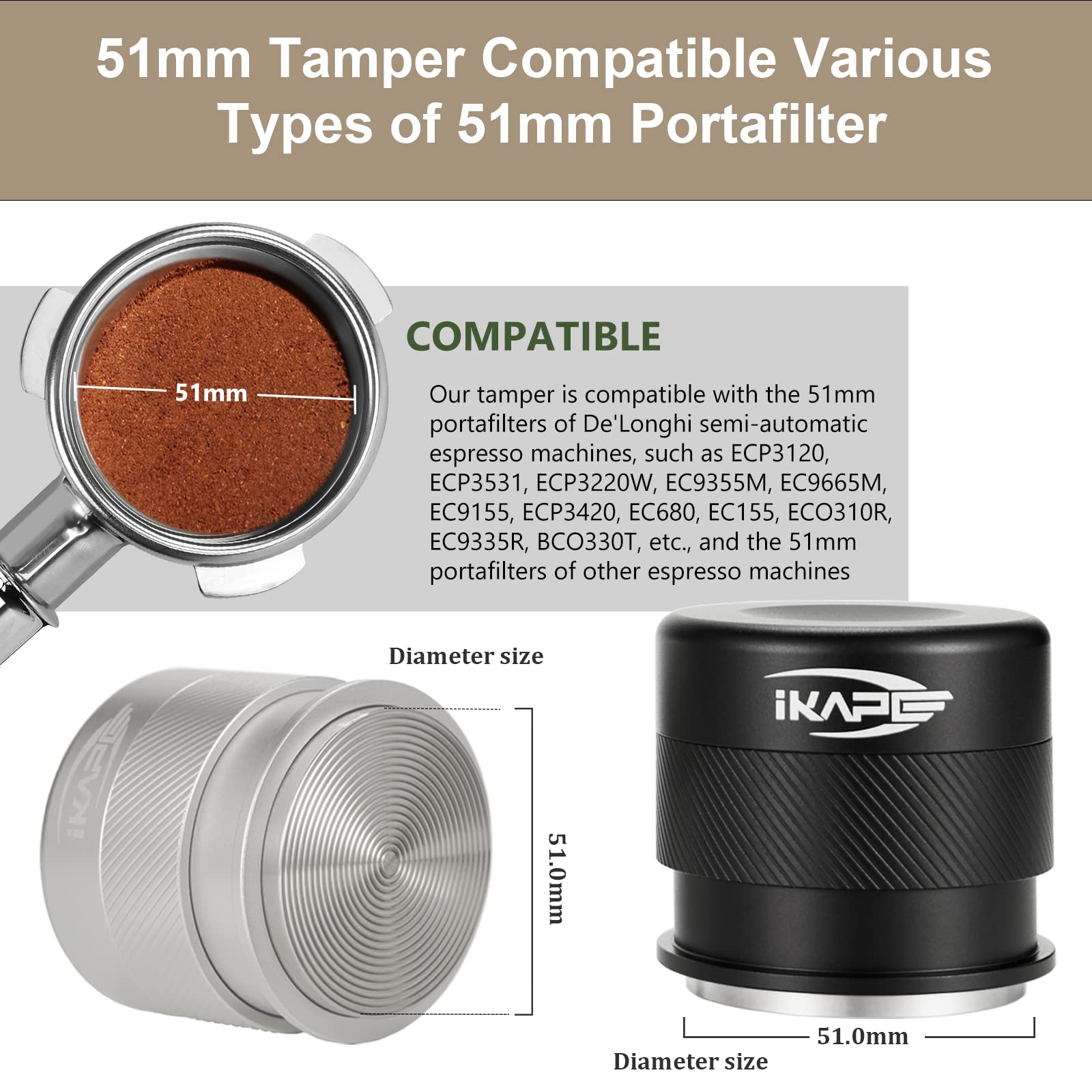 Ikape Coffee Products, 51Mm Espresso Tamper, Premium Barista Coffee Calibrated Tamper With Spring Loaded, 100% Stainless Steel T