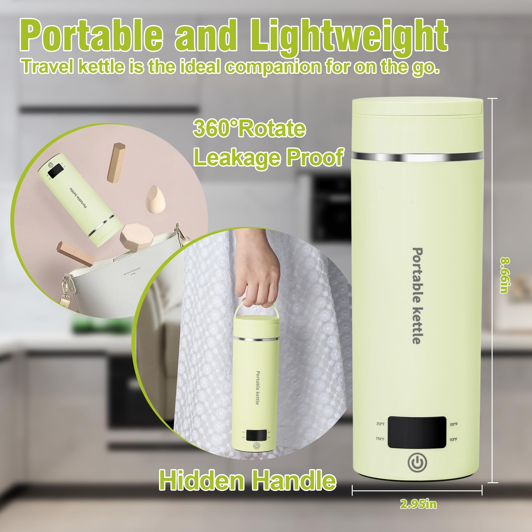 Touxila Travel Electric Kettle, 400ml Mini Hot Water Boiler, 304 Stainless Steel, Green, Fast Boiling with Auto Shut-Off and Boil Dry Protection