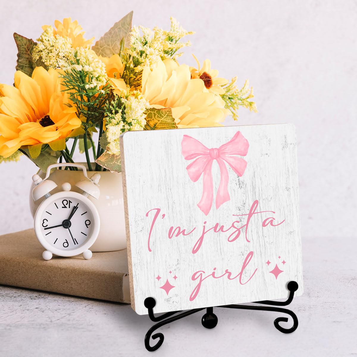 Coquette Pink Bow Girls Decor Wooden Sign with Stand for Women Girls' Room & Bedroom Decorations