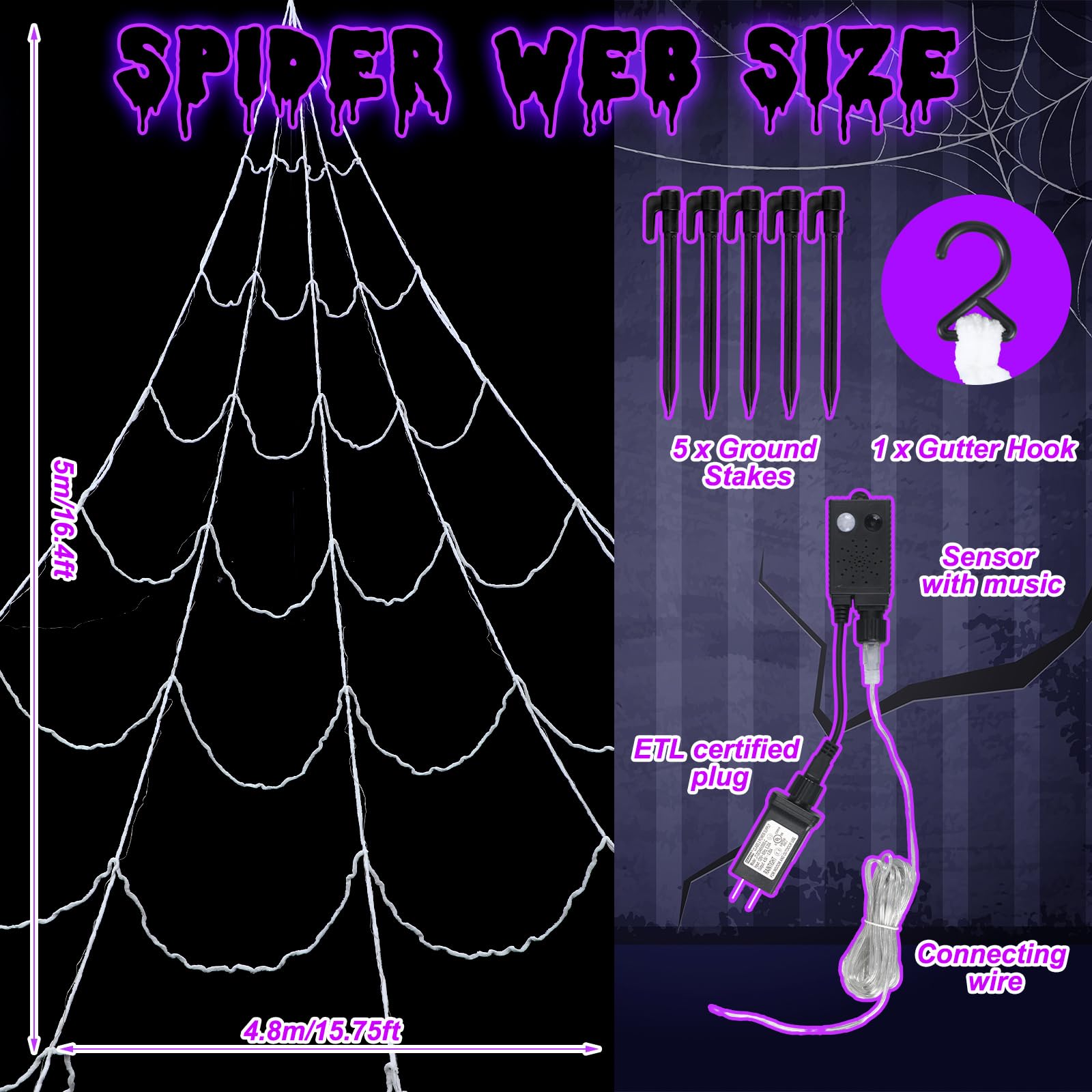 Retisee Halloween Decorations 17ft Spider Web Lights Motion Activated Sensor 120 LED Purple Light up Spider Web with 200sqft Cob