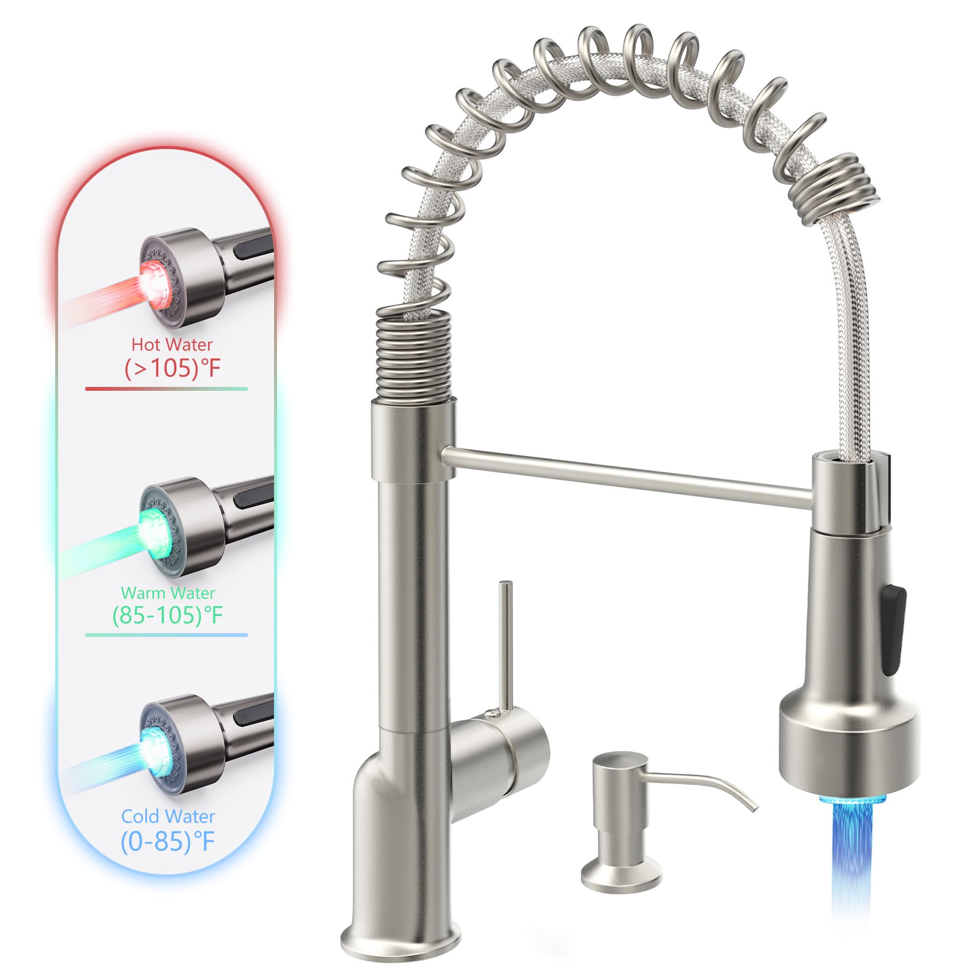 GIMILI Kitchen Faucet with Soap Dispenser Single Hole Pull Down Sprayer LED Faucet, Suitable for Farmhouses, RV, Laundry Room, O