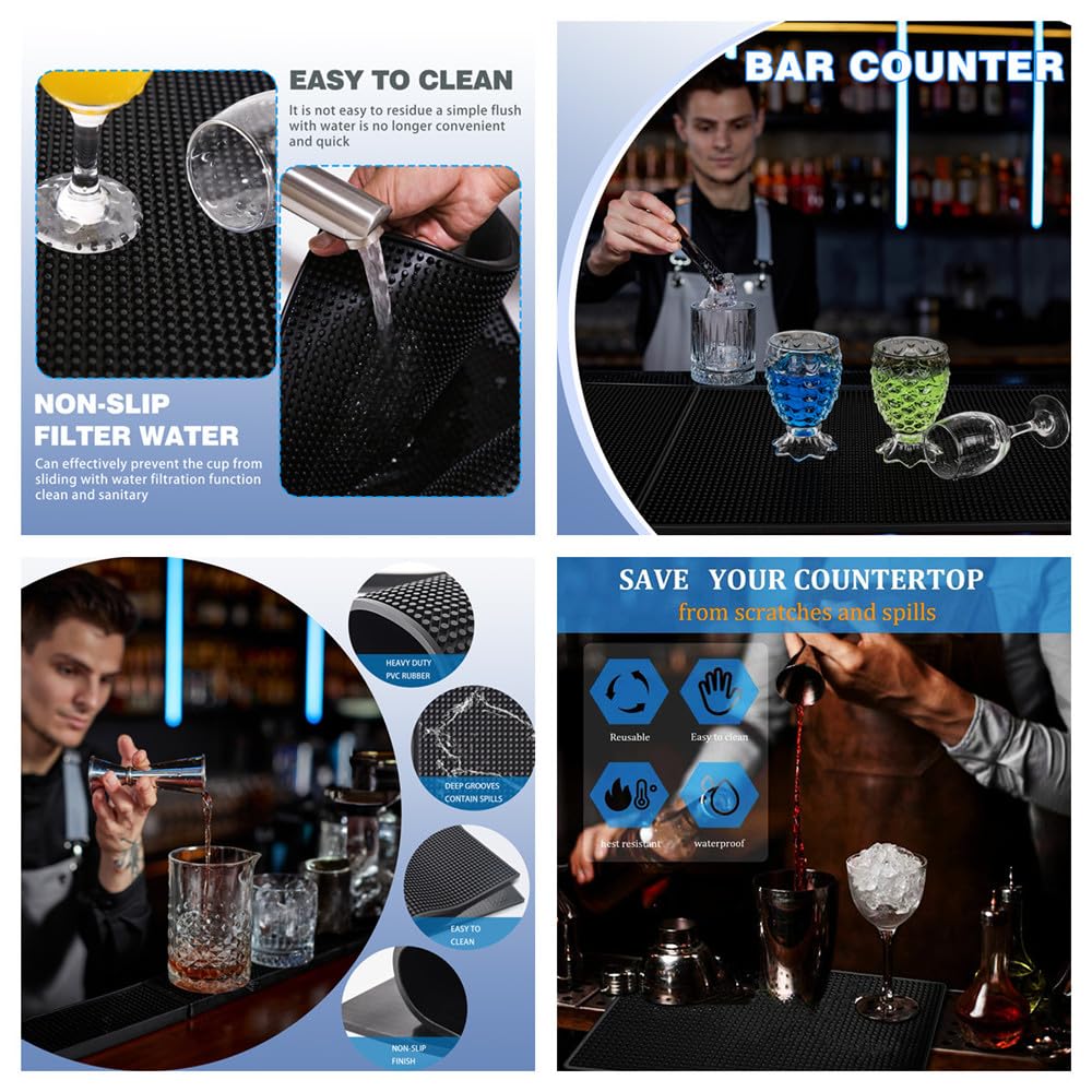 Wangchao Bar Mat Set Of 4 Nonslip Flexible Rubber Black Bar Service Spill Mat Barber Mats Dish Drying Mat (24'' X 12''+18'' X 12