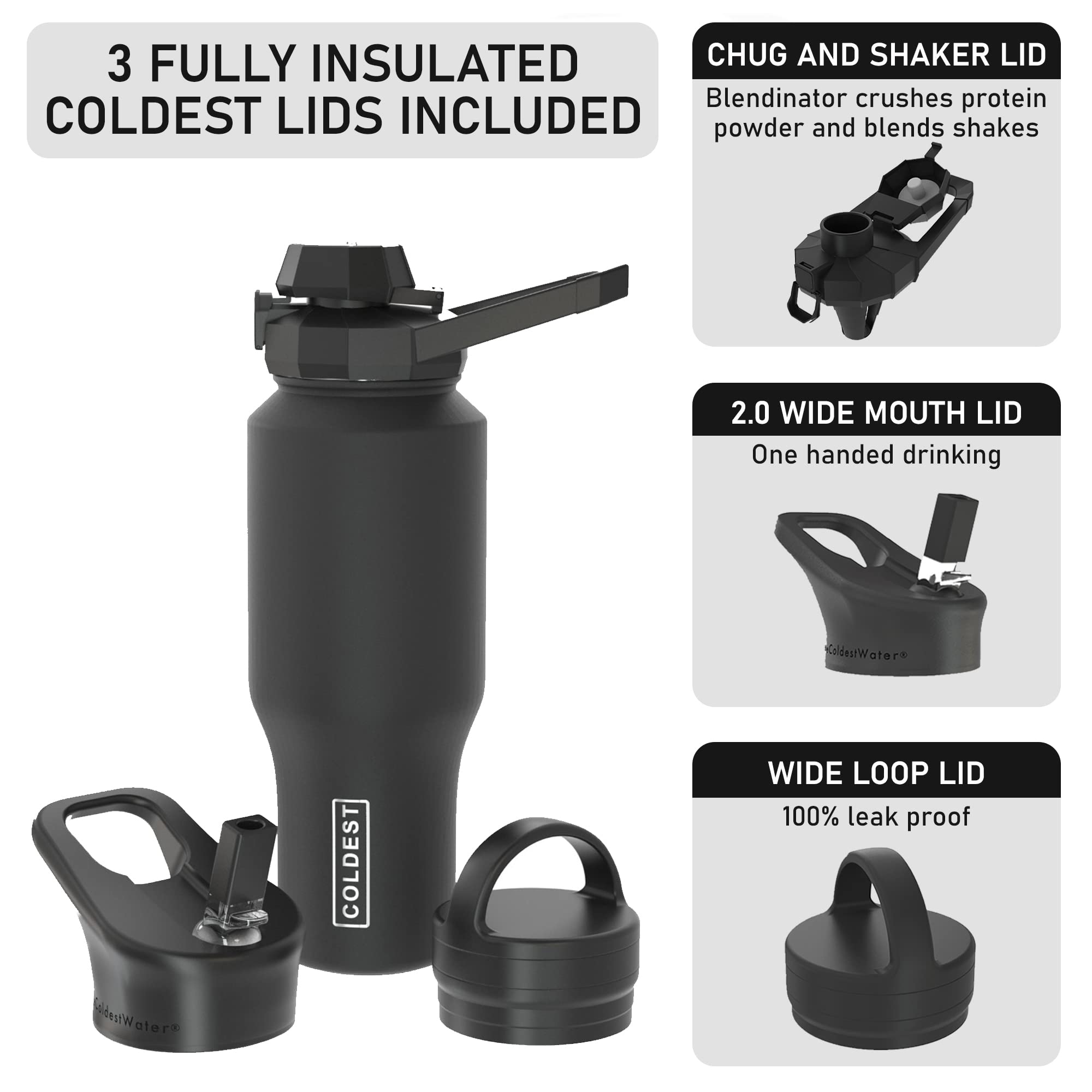 Coldest Sports Water Bottle - 3 Lids (Chug Lid, Straw Lid, Handle Lid) Tumbler With Handle On Lid Water Bottles Cup Vacuum Insul