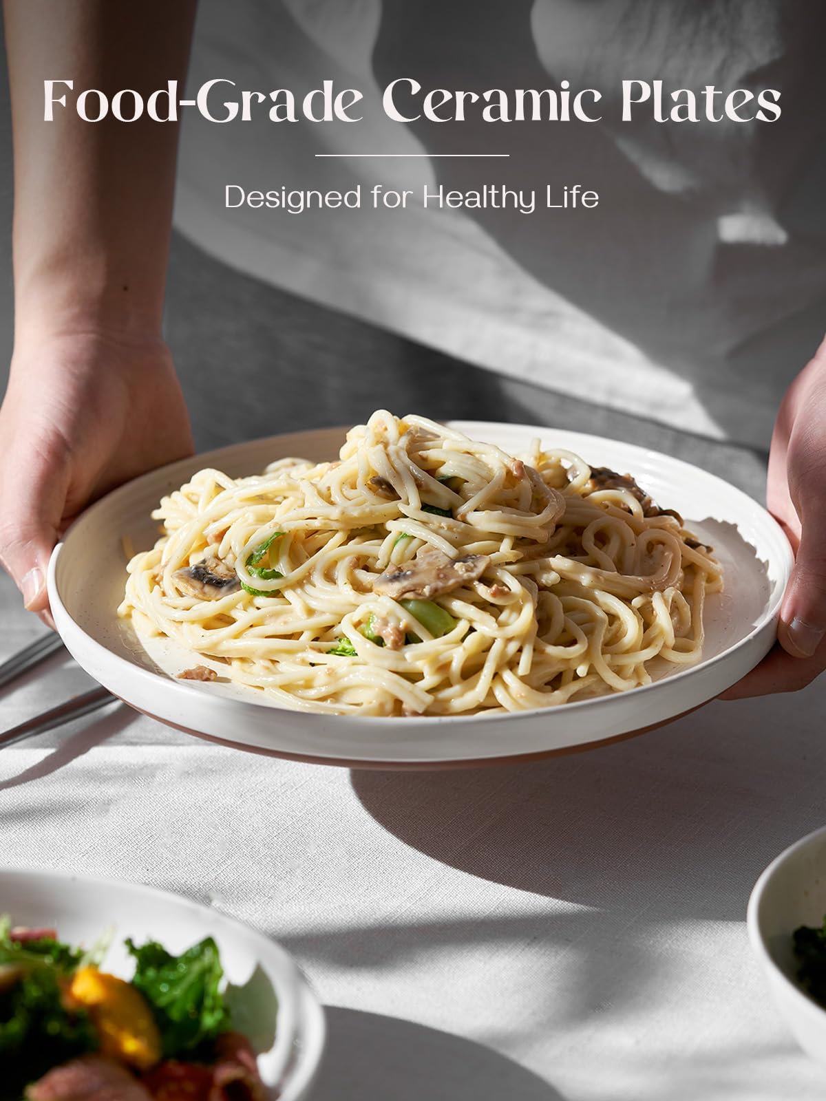 DOWAN 10.5 Large Dinner Plates Set of 6, Ceramic Salad Plate, Microwave, Oven & Dishwasher Safe, Moon-White Design Perfect for P