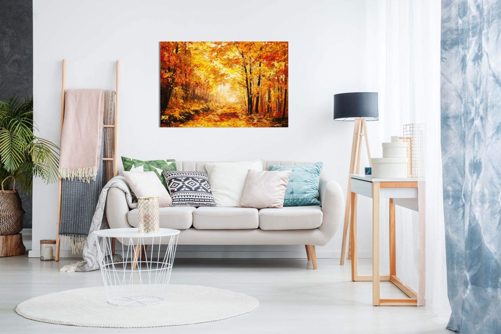 Abstract Vivid Oil Painting Colourful Orange Yellow Autumn Forest Leaves Canvas Wall Art Picture Print (24X16In)