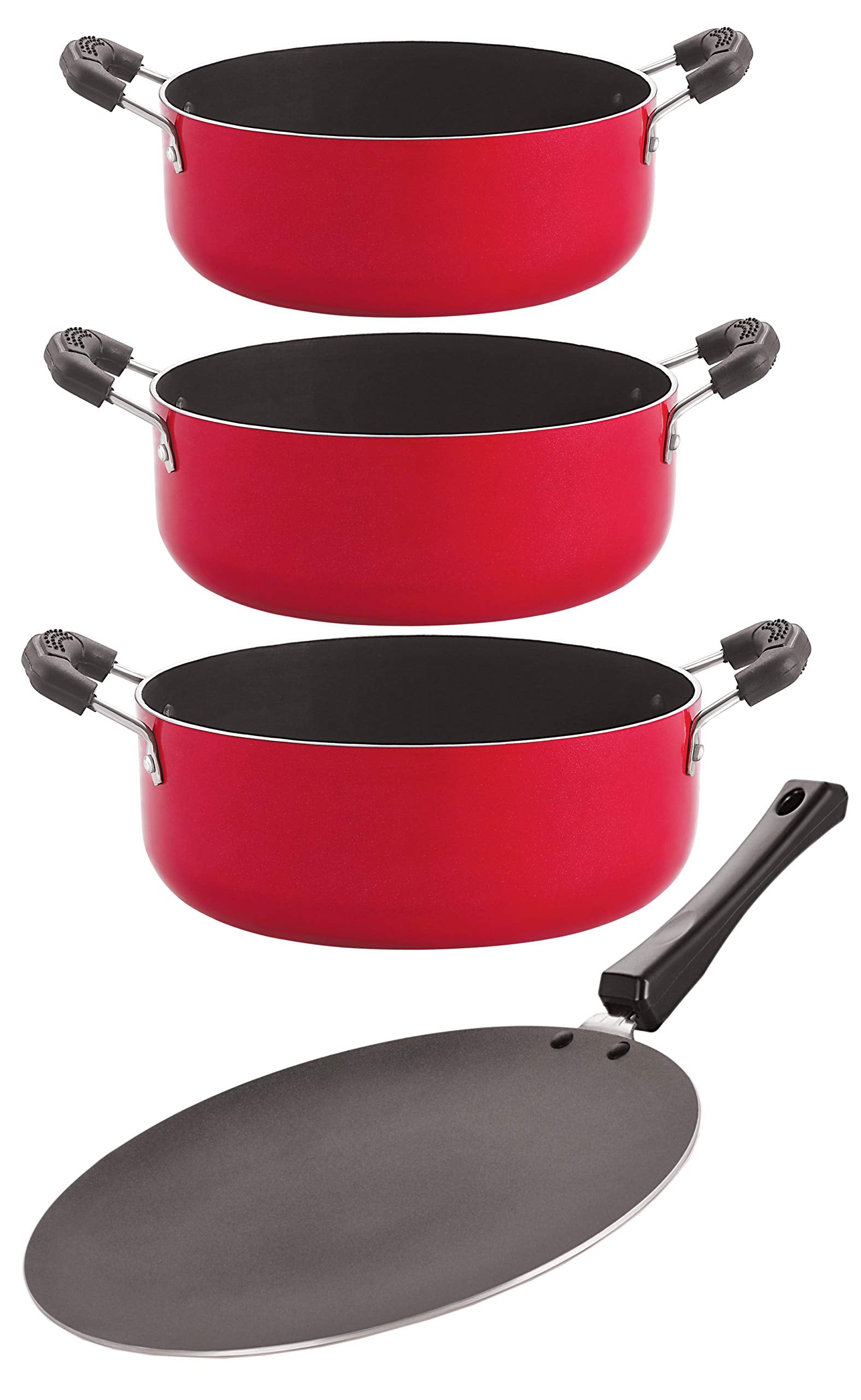 Nirlon Aluminium Nonstick Cookware 4 Pieces Set, Red And Black (Concave Tawa 28.5Cm + Casserole 2.1 Ltr + Casserole 2.6 Ltr + Ca