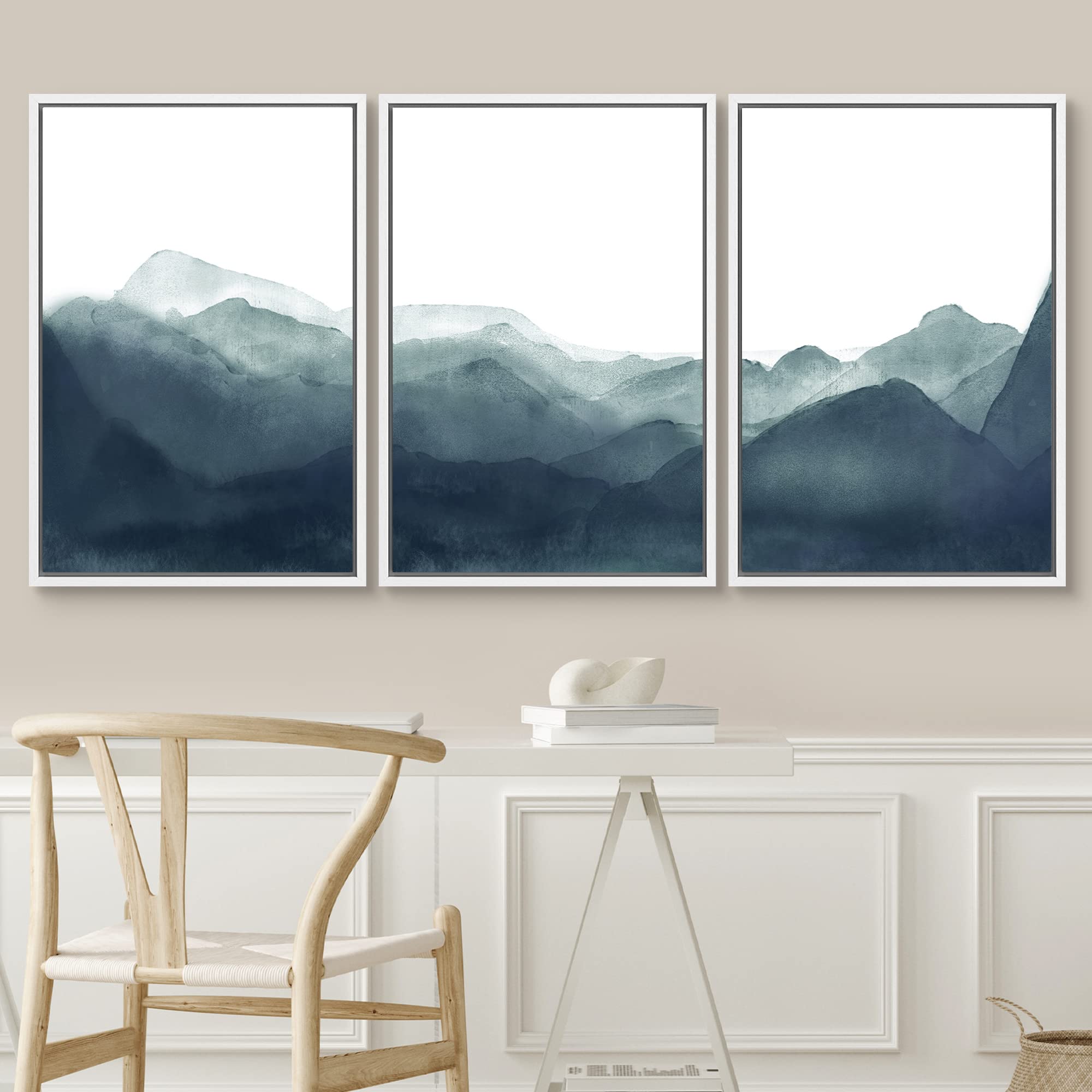 Signwin Framed Canvas Print Wall Art Blue & Green Mountains In Fog Nature Wilderness Illustrations Modern Art Rustic Scenic Rela