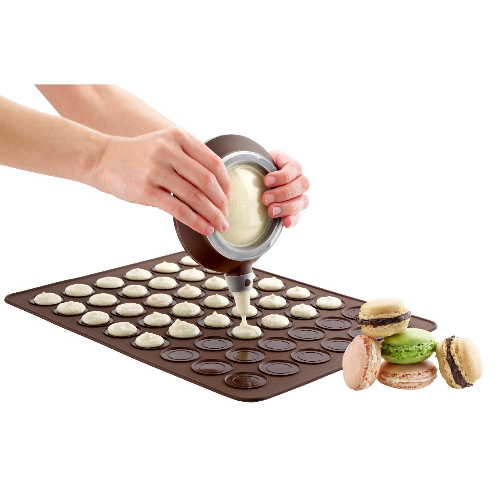 Lekue Macaron Kit - Decomax Pen & Baking Sheet, 2 Pieces, Brown Silicone, Model 3000001SURM017