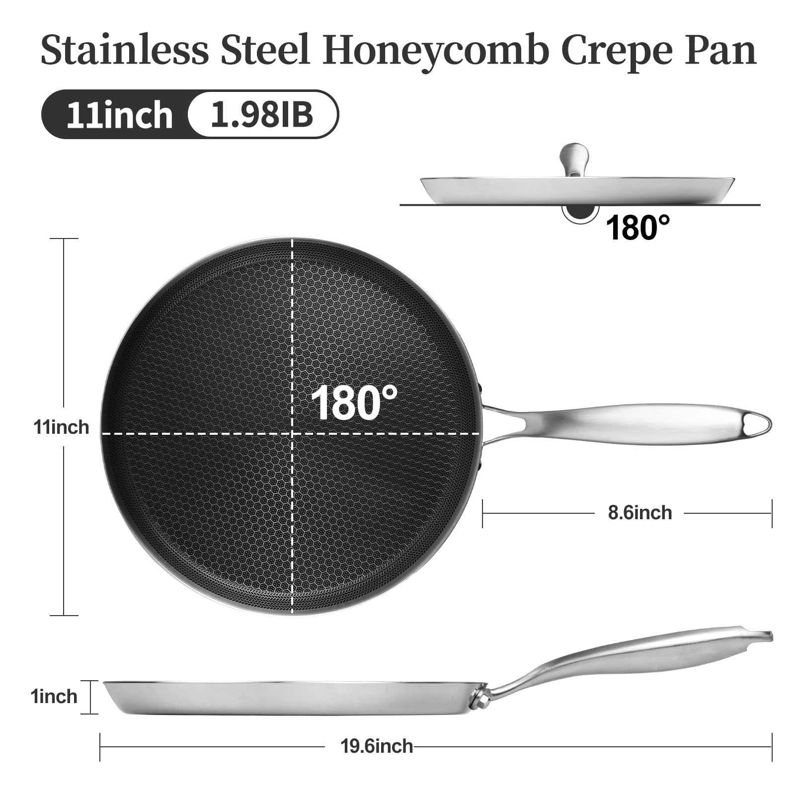 Innerwell Stainless Steel Crepe Pan - 11Inch Nonstick Crepe Pan, Stainless Steel Honeycomb Coating Pancake Pan, Non Stick Flat S