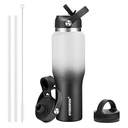 HYDROWION Insulated Water Bottle  32oz Water Bottle with Straw Lid  Double Walled Leak Proof 32oz Vacuum Bottle (Cold for 48 Hrs Hot for 24 Hrs) Fit in Any Car Cupholder  White&Black