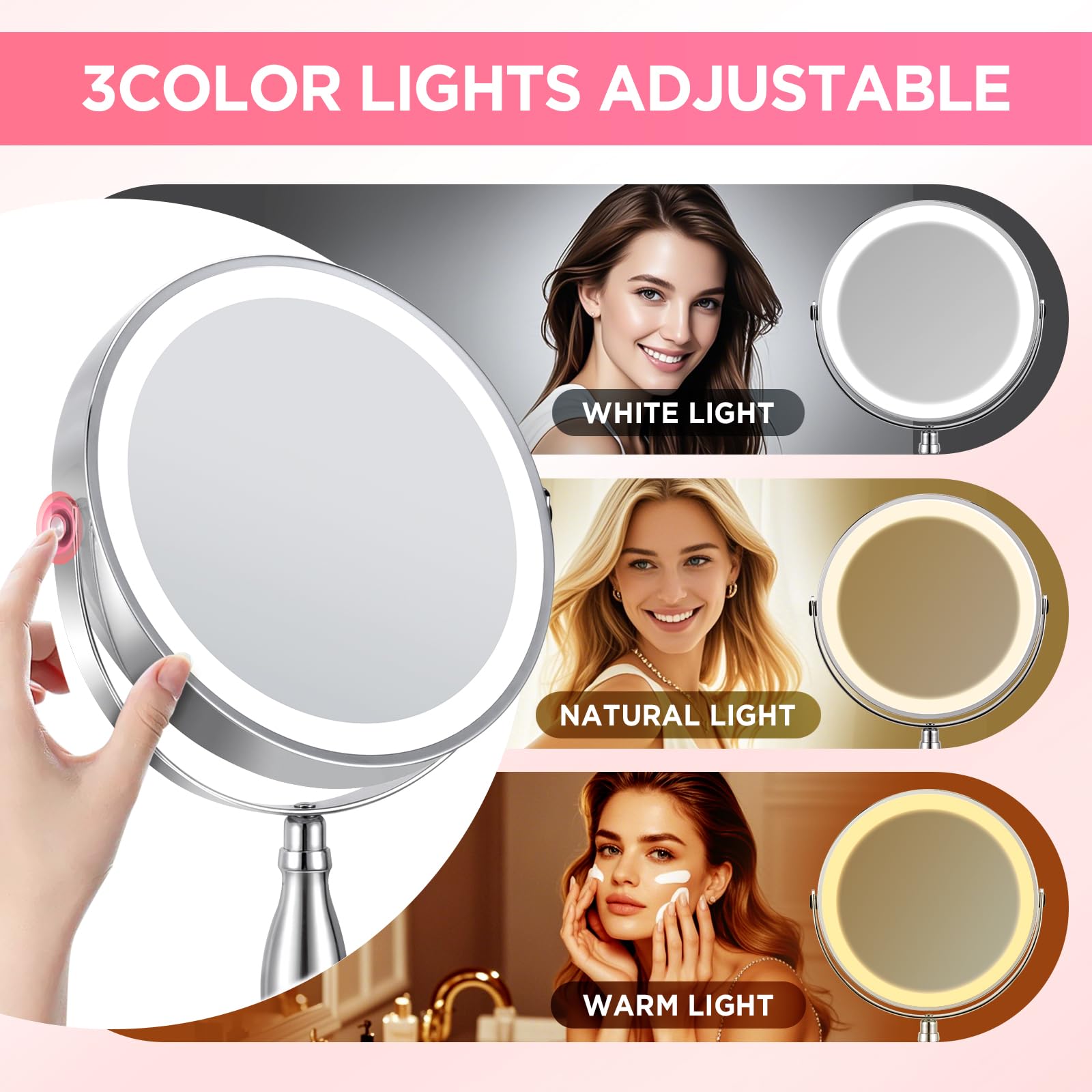 Daslava Lighted Makeup Mirror, Rechargeable 8'' 3 Color Vanity Mirror, 15X Magnifying Mirror With Brightness Adjustable, 360 Rot