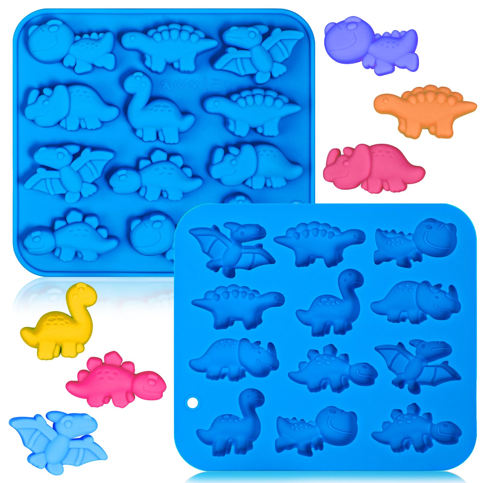 Webake Dinosaur Candy Silicone Molds 12-Cavity Dinosaur Molds Shaped With T-Rex, Stegosaurus, Triceratops, Great For Candy, Choc