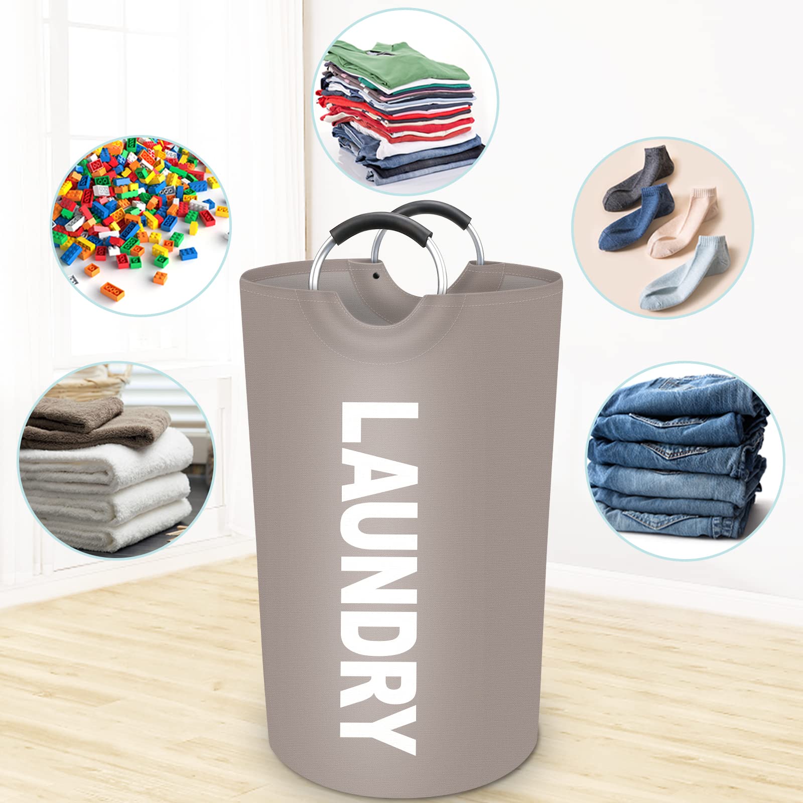 StorageRight 90L Large Laundry Basket  Laundry Hamper  Dirty Clothes Hamper for Laundry  Collapsible  Waterproof Laundry Baskets with Foam Protected Aluminum Handles for Laundry  Dorm  Family (Khaki)