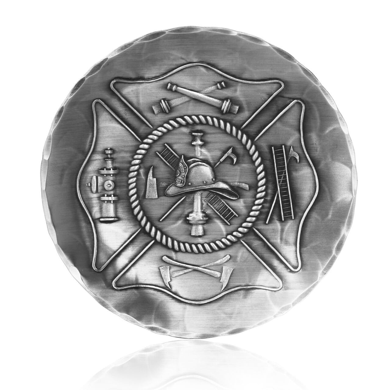 Coaster, Fireman'S Crest, Hand-Hammered Aluminum, Keeps Tabletops Safe, 4.5 Inch Round Coaster, Handmande In The Usa By Wendell