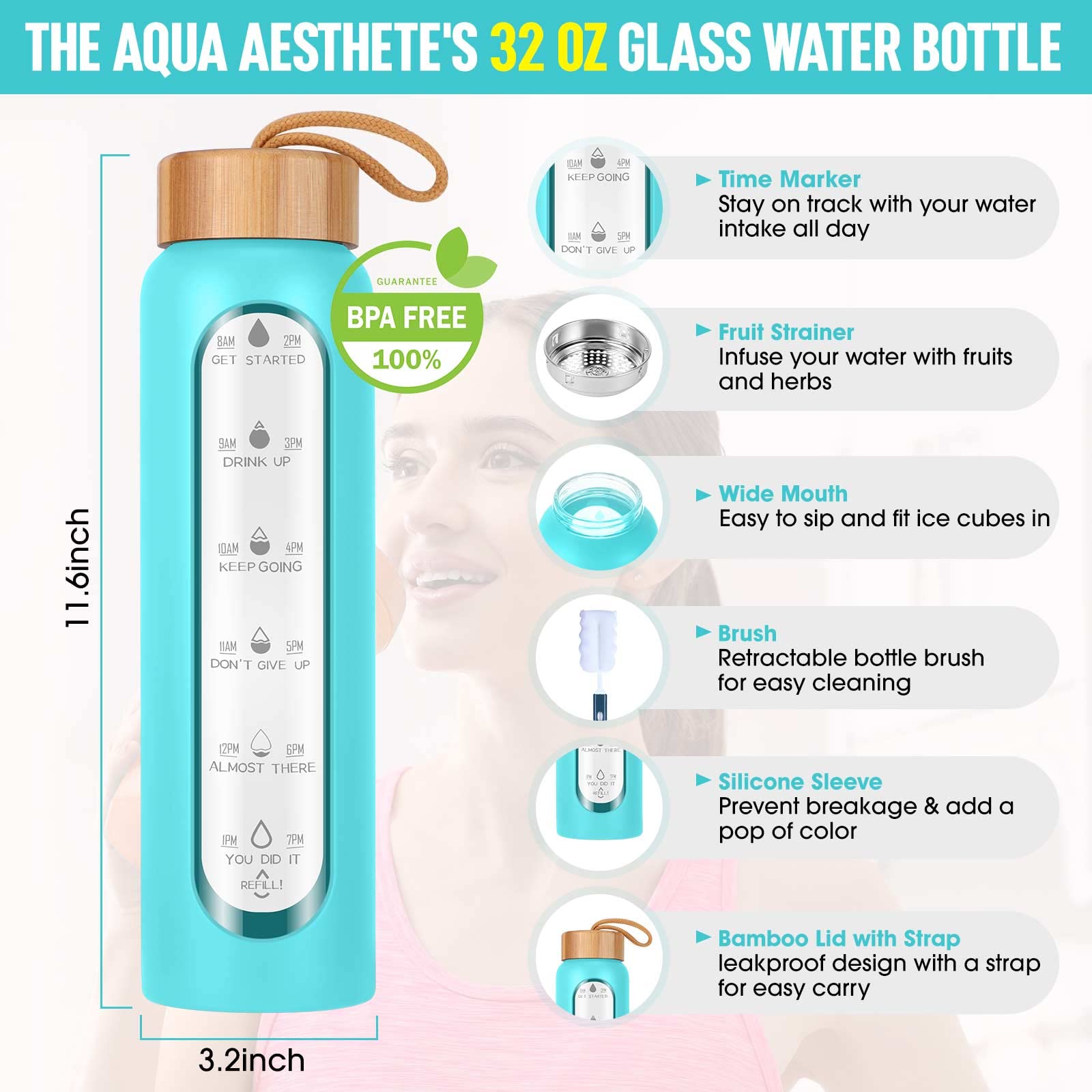 Aqulea 32 Oz Glass Water Bottle With Times To Drink - Bpa Free Reusable Wide Mouth Glass Motivational Water Bottles With Infuser
