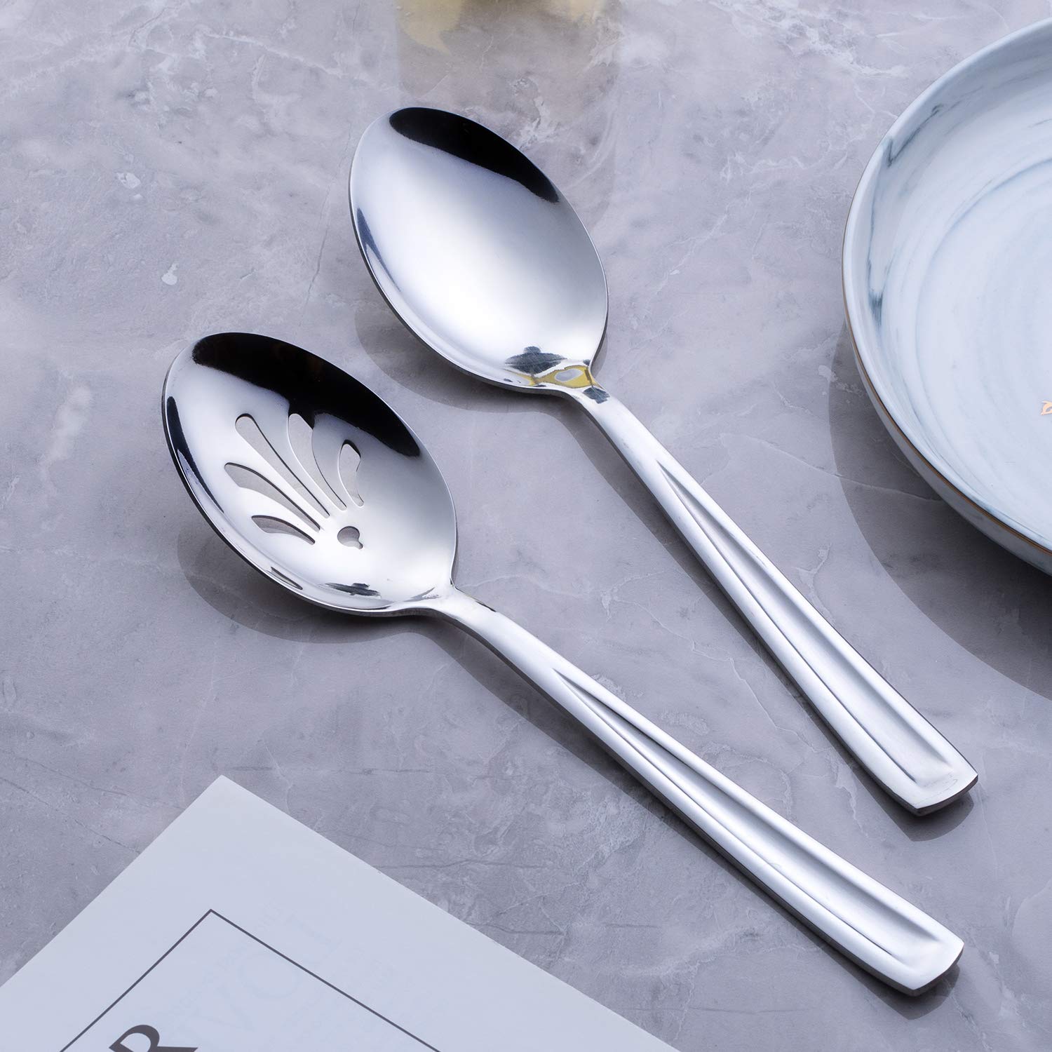 Gogeili Stainless Steel Serving Spoon Set, Include 3 Large Serving Spoon And 3 Slotted Spoon, 9.5-Inch Catering Serving Spoon Se