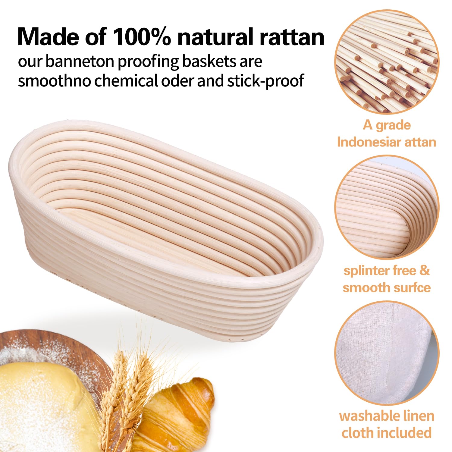Banneton Bread Proofing Basket Set Of 2, 10 Inch Oval Sourdough Bread Baking Supplies, Bread Making Starter Kit, Proofing Basket