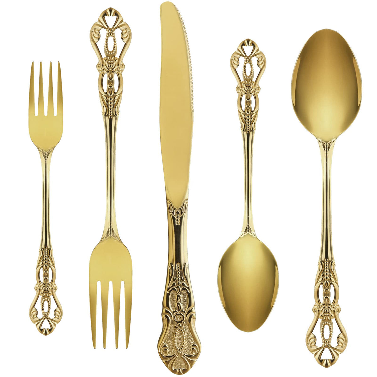 Gold Silverware Set For 4, Stainless Steel Gorgeous Retro Royal Flatware Set, 20-Pieces Cutlery Tableware Set, Kitchen Utensils