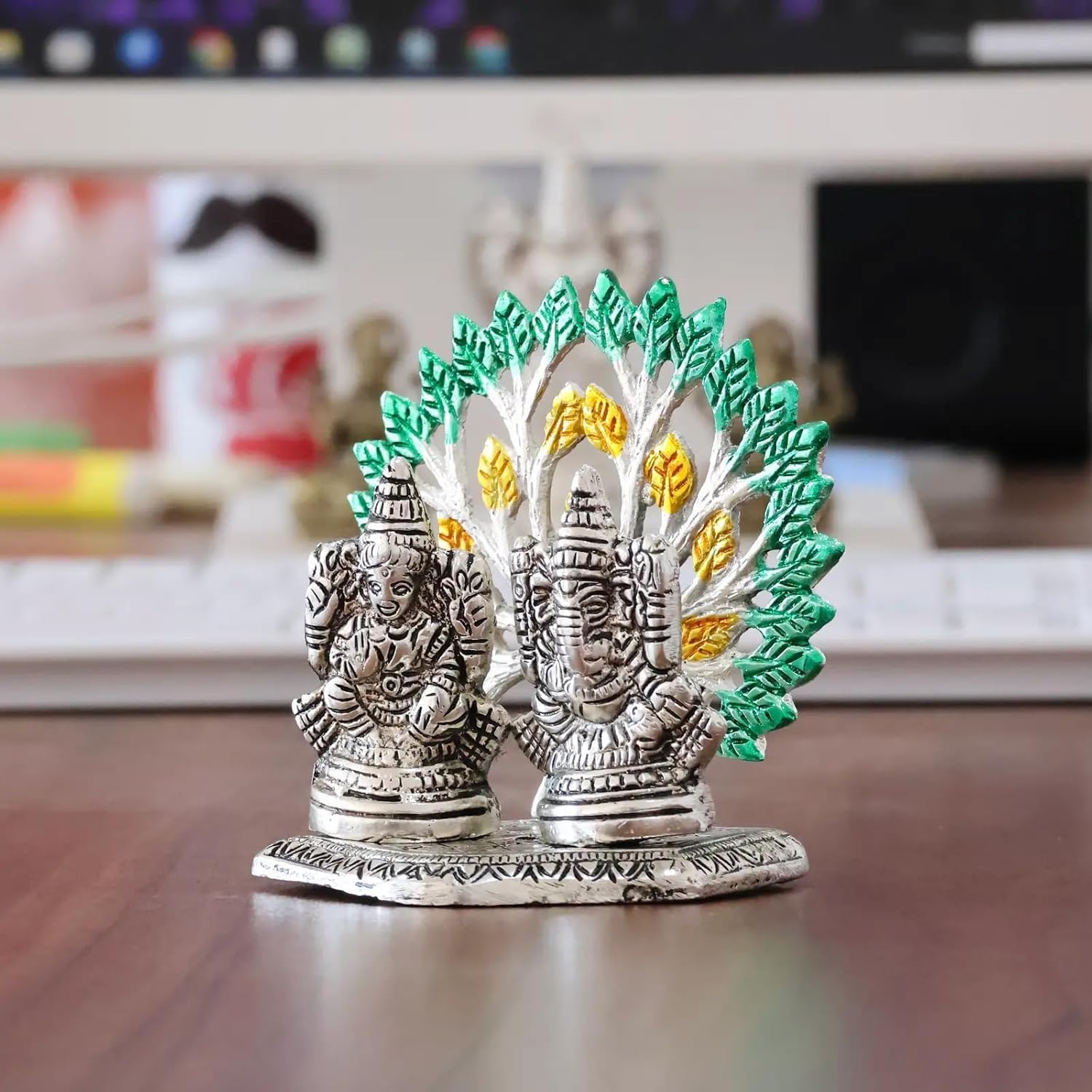 Dreamkraft Silver Finish Mini Ganesh Lakshmi Statue Intricately Designed Spiritual Showpiece (10 X 8 X 10 Cm)