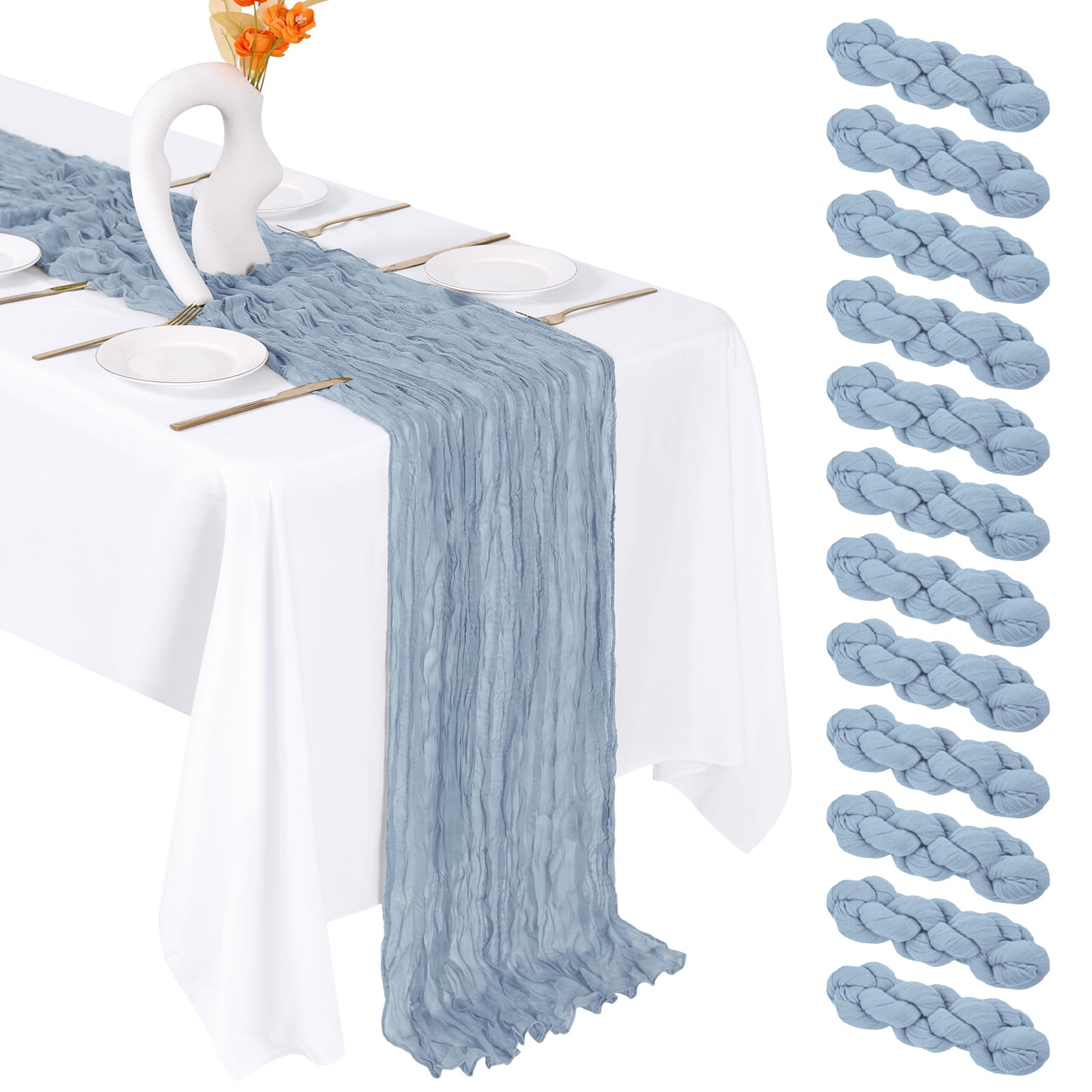 FANTEKE 12 Pack Dusty Blue Cheesecloth Table Runner 20 x 120 Inch Gauze Table Runner Fabric Semi Sheer Cheese Cloth Table Decor 