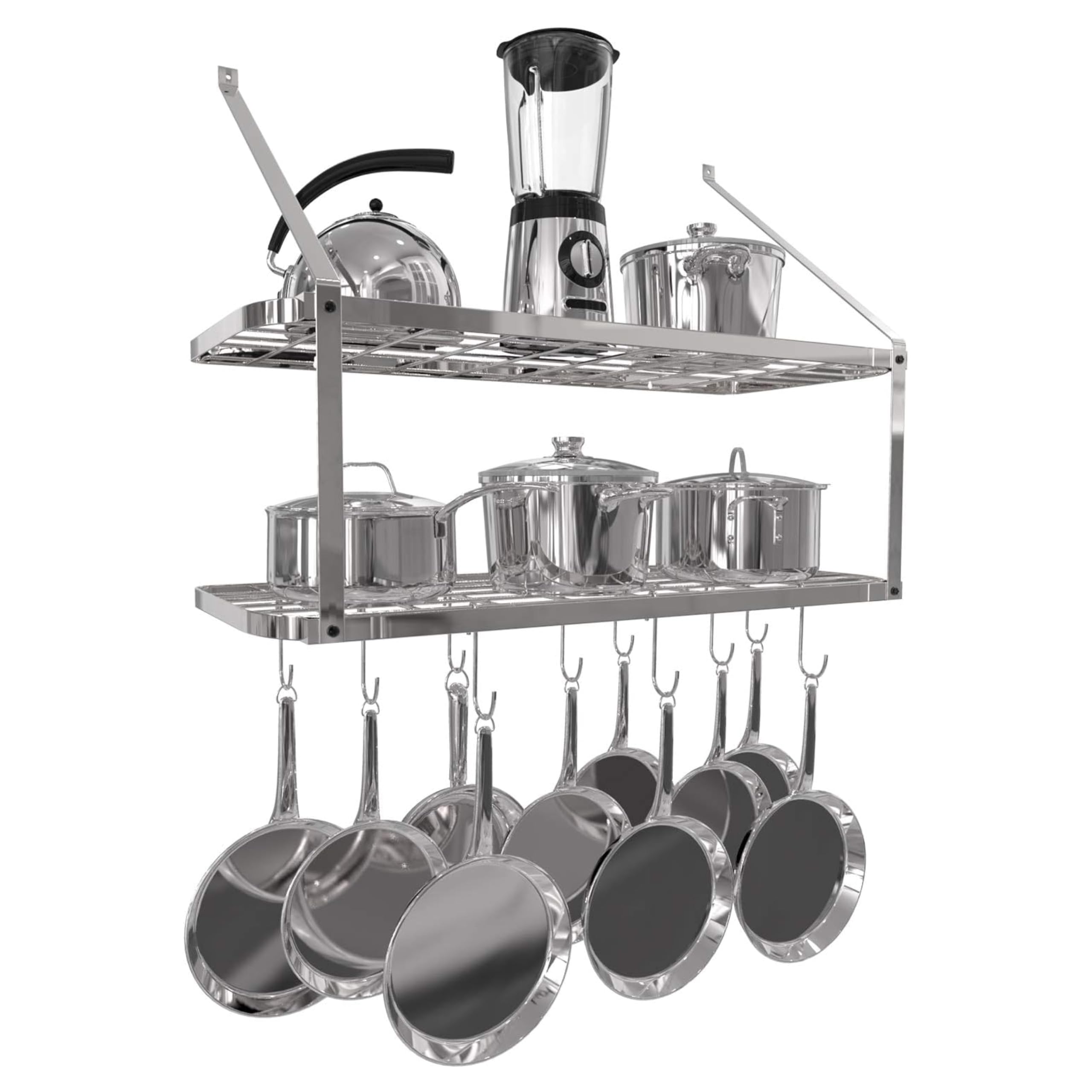 Vdomus Hanging Pot And Pan Rack, 13.7'' Dx29.5 Wx10.6 H - 2-Tier Wall Mounted Kitchen Shelves - Heavy-Duty Cast Iron Cookware An