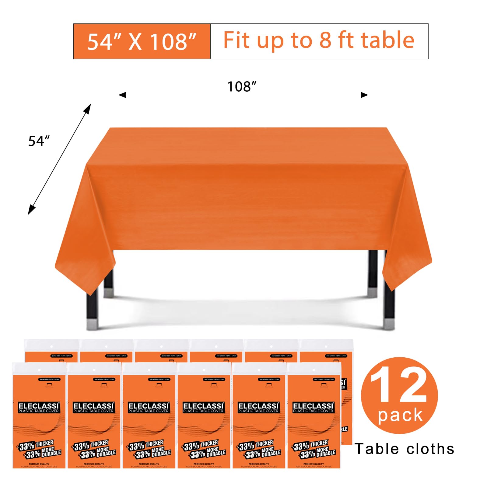 Eleclassi Orange 12 Pack Premium Plastic Table Cloth Disposable Tablecloth 54 X 108 Inch - Plastic Tablecloths For Rectangle Tab