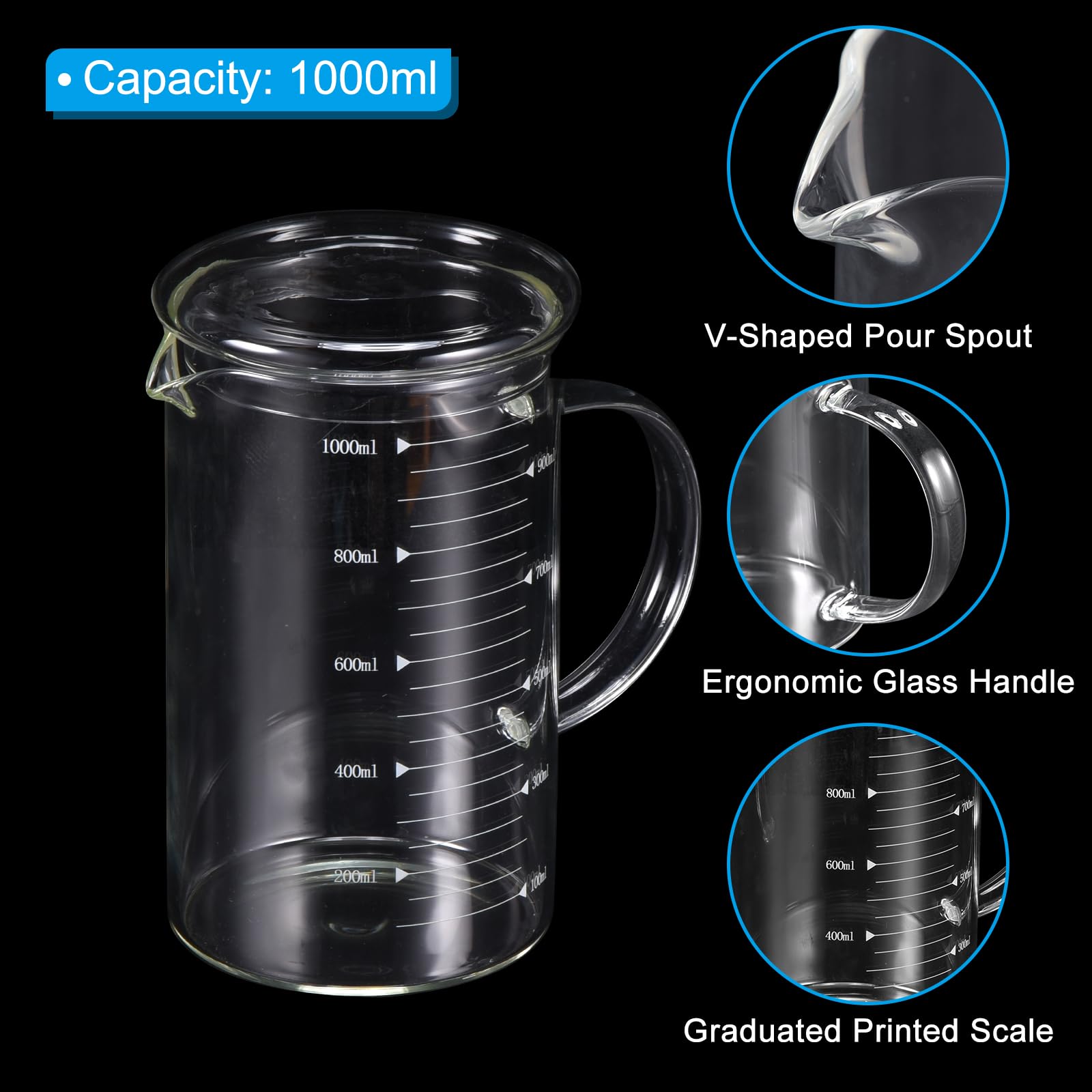 Patikil 1000Ml Glass Measuring Cup, 3.3 Borosilicate Glass Graduated White Printed Scale Liquid Measure Cups Beaker With Glass L