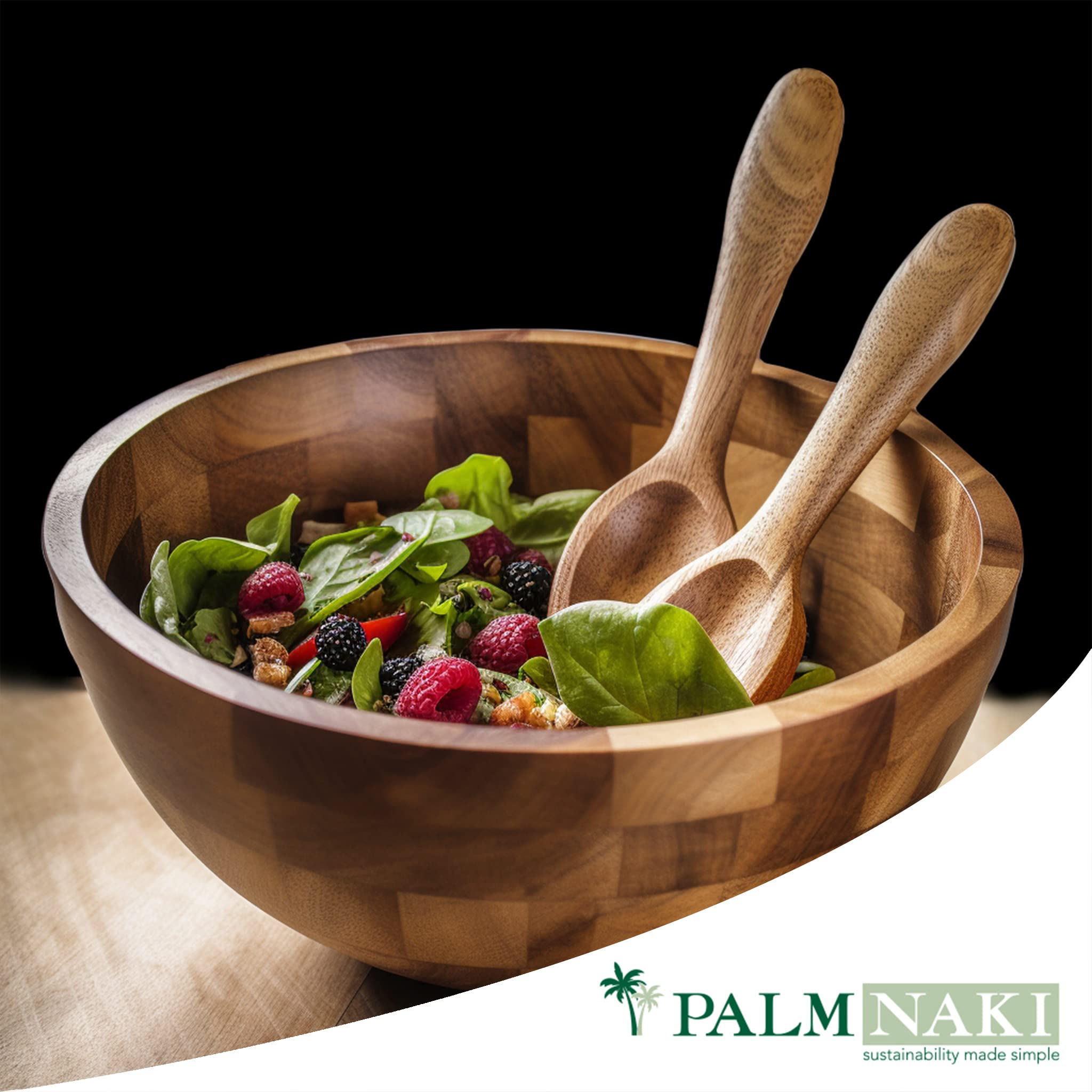 Palm Naki Premium Acacia Wood Salad Bowl And Servers Set - 3 Piece, Sustainable & Durable - Available In Two Sizes - Elegant And