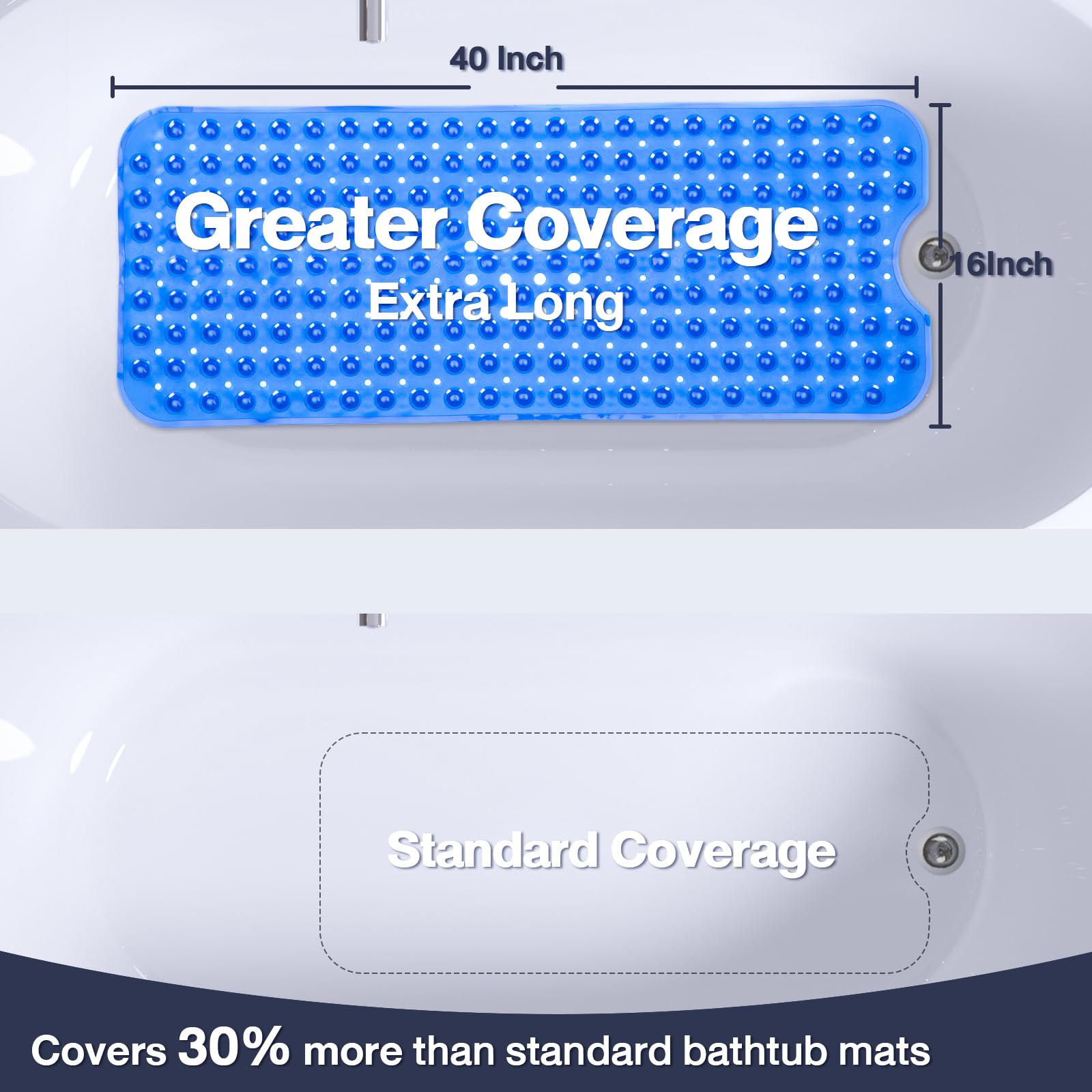 Naoloture Extra Long Bathtub Mat Non Slip, Clear Navy Blue Soft Bath Mat For Tub 40 X 16 Inch Full Size, Long Shower Mats For Ba