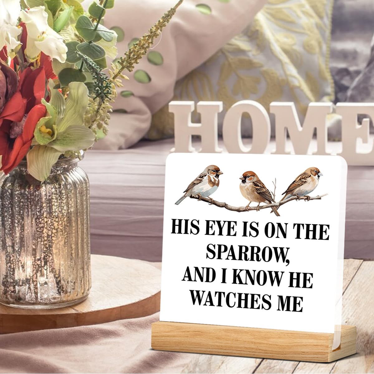 Religious Gifts for Women Men, Faith His Eye Is on the Sparrow Acrylic Sign Home Office Christian Decor