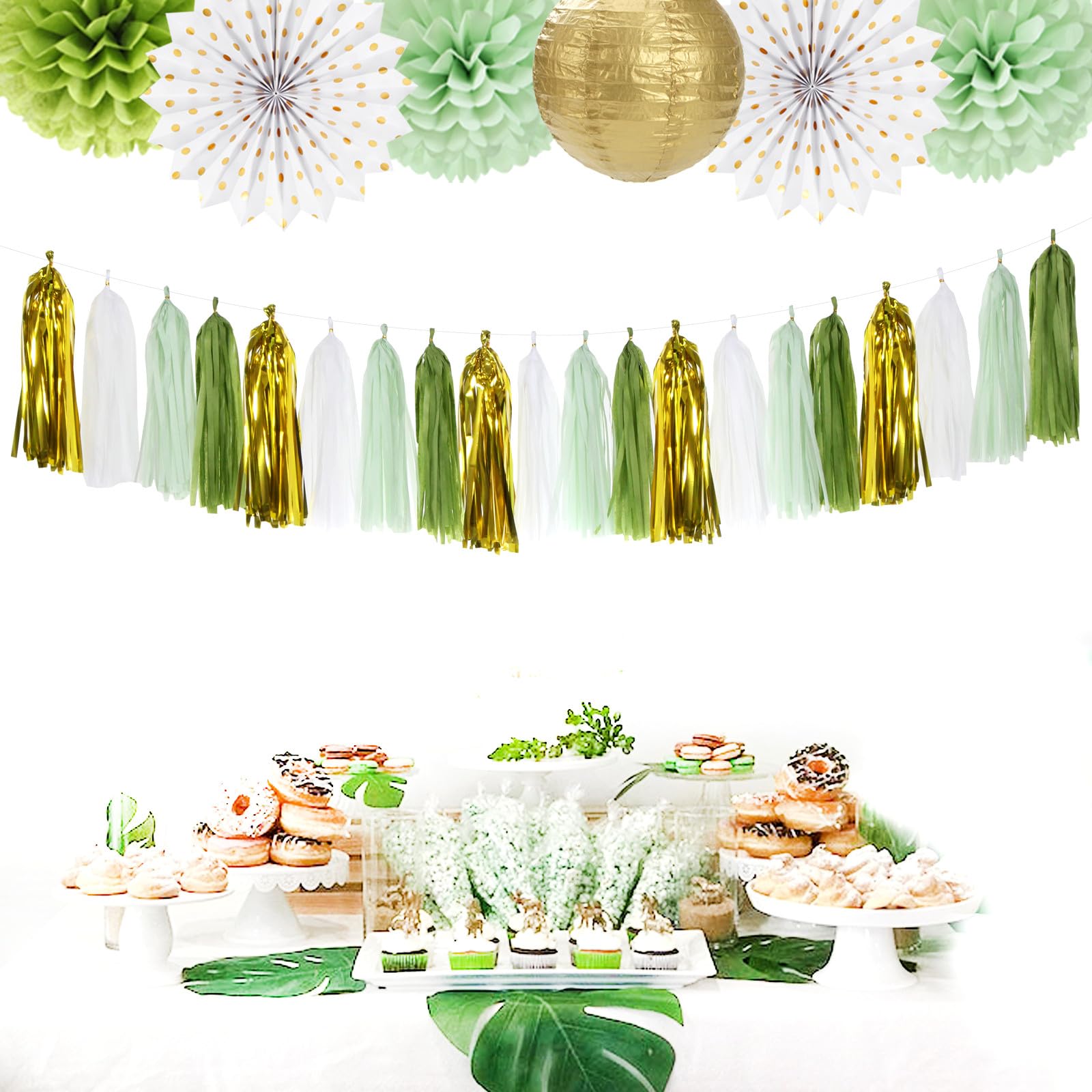 Sage-Olive Green Gold Party-Decorations Tassel-Garland - 20pcs Rustic Wedding Baby Shower Tassels Banner Streamers, Birthday Bac