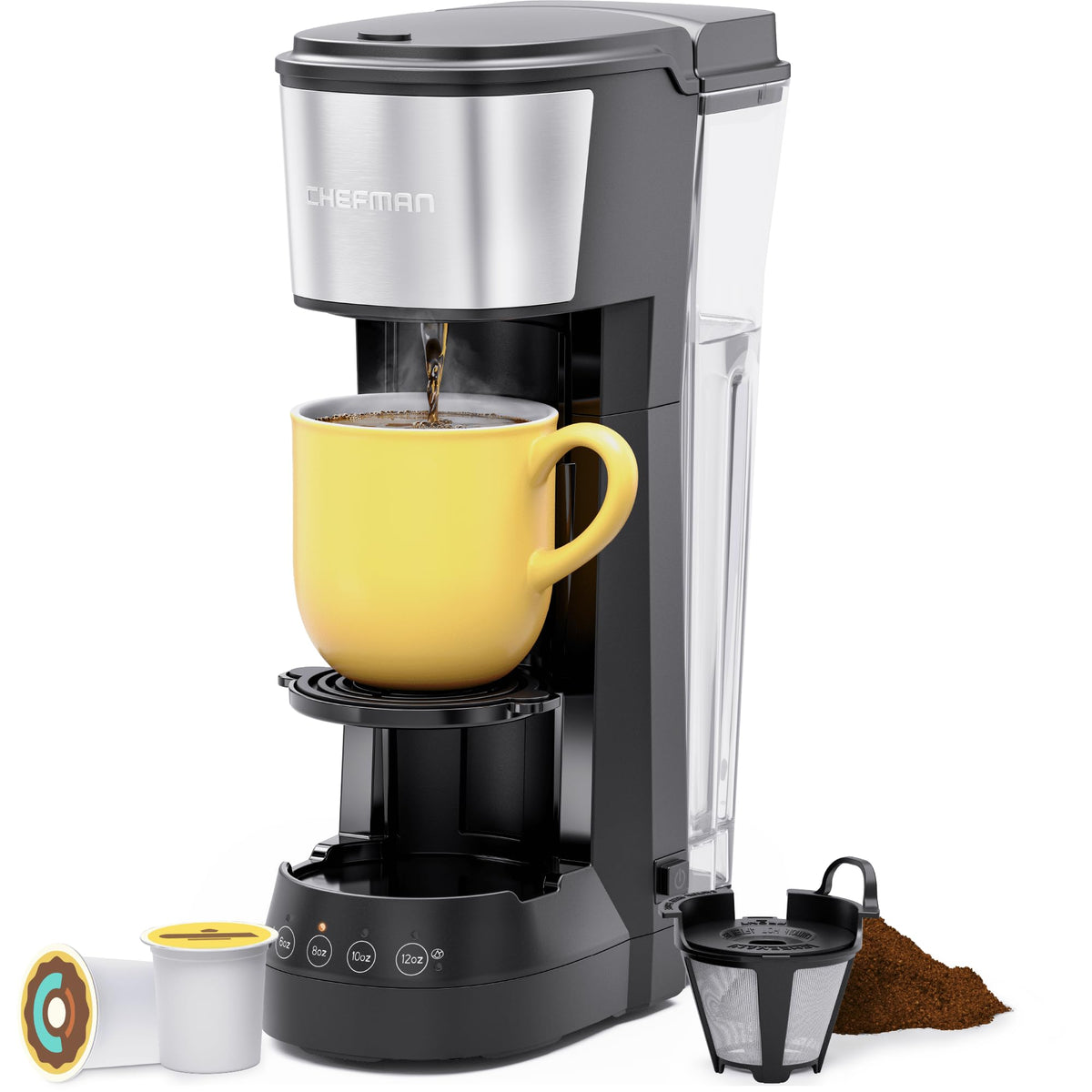 Chefman Single Serve Coffee Maker, K Cup Coffee Machine: Compatible With K-Cup Pods And Ground Coffee, Brew 6 To 12Oz Cup Drip C