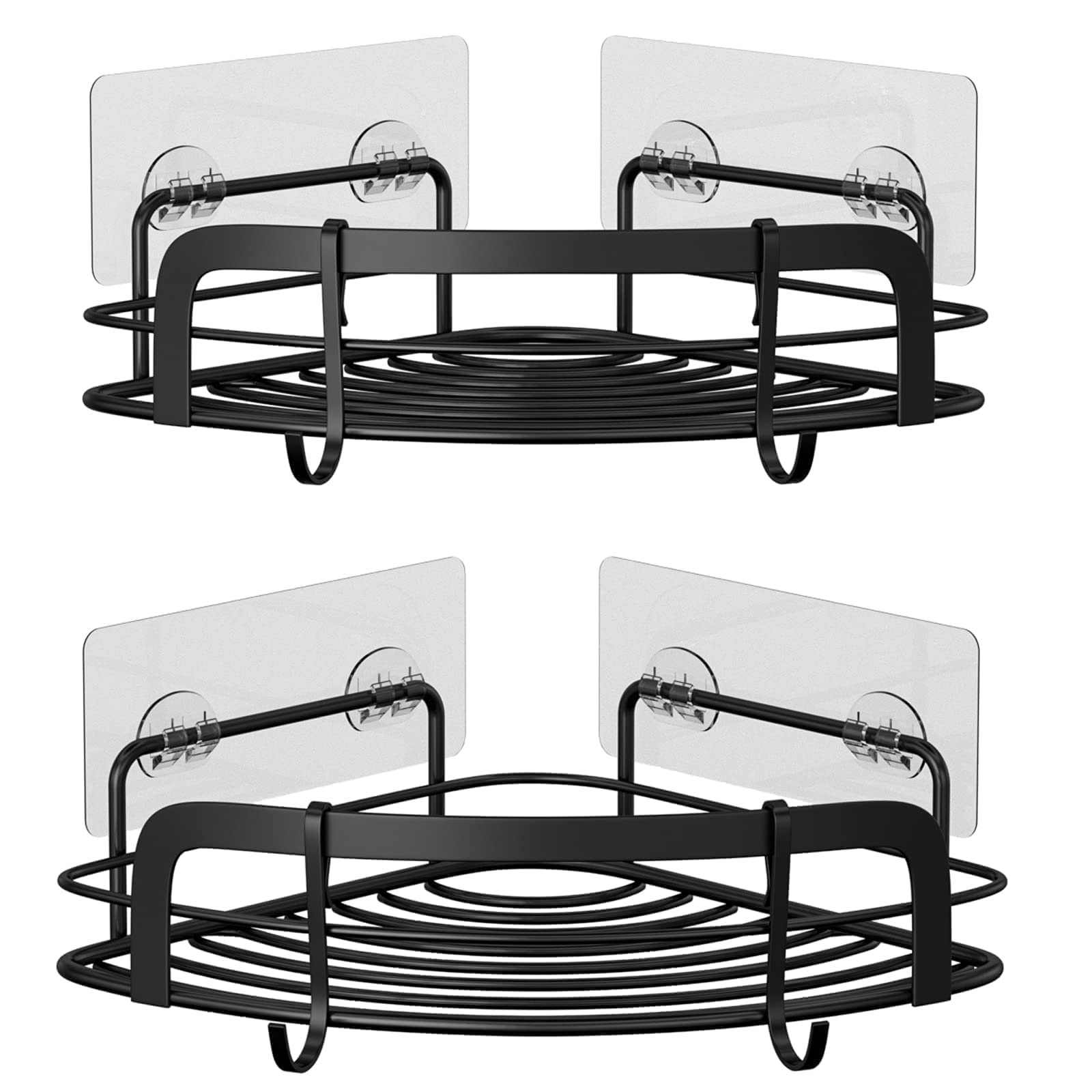 Steugo Black Bathroom Corner Shower Shelfs, Adhesive Wall Mounted Shower Caddy With 4 Movable Hooks, Rustproof Stainless Steel B