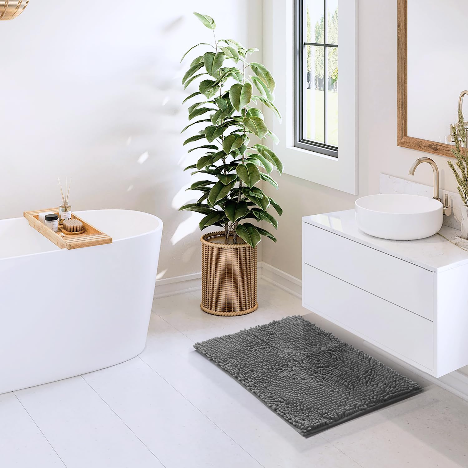 Hearth & Harbor Bathroom Rug Set, 2 Piece Chenille - Grey, Quick Dry, Non-Slip, Machine Washable - Bath Mat Size 17X24, 20X32 In