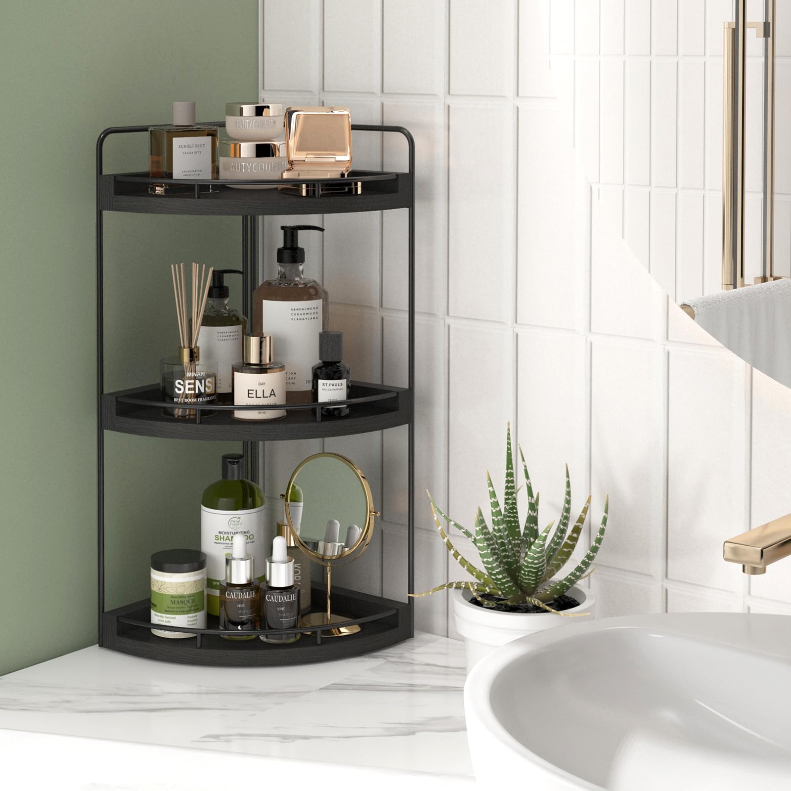 Fixwal Corner Bathroom Counter Organizer, 3 Tier Rustic Bathroom Organizer, Wood Countertop Storage Tray For Vanity, Kitchen, Be