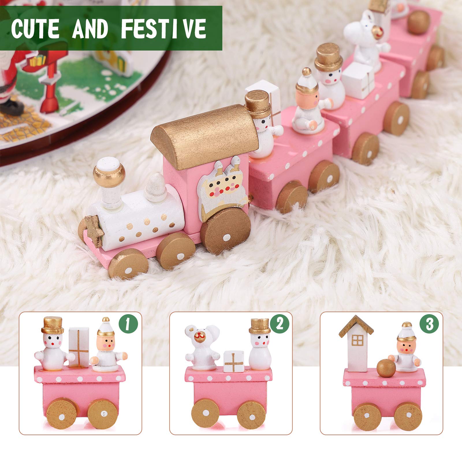 NUOBESTY Winter Wonderland Wooden Mini Train Set for Christmas Party Decorations Under Tree Pink