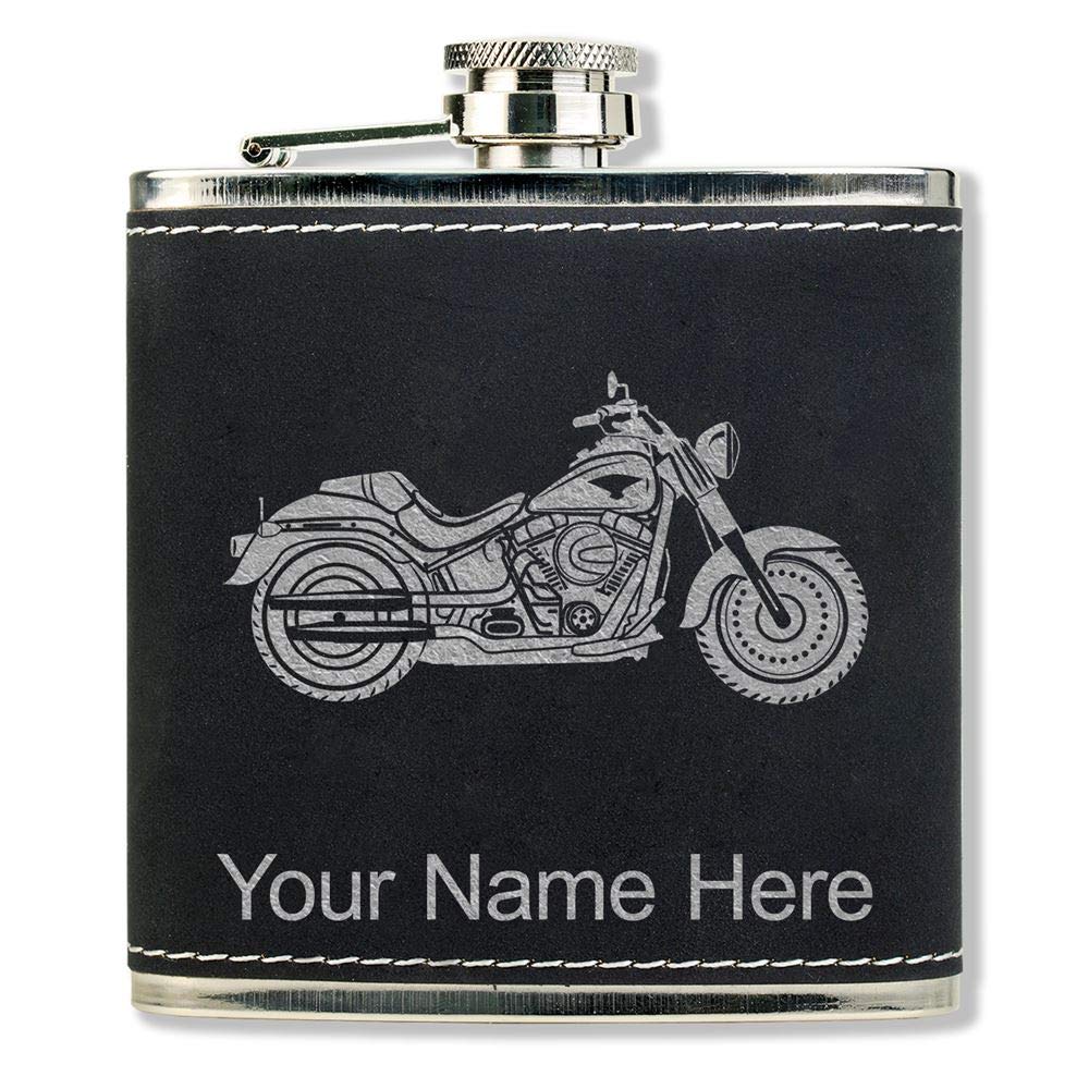 LaserGram Faux Leather Flask, Motorcycle, Personalized Engraving Included (Black With Silver)
