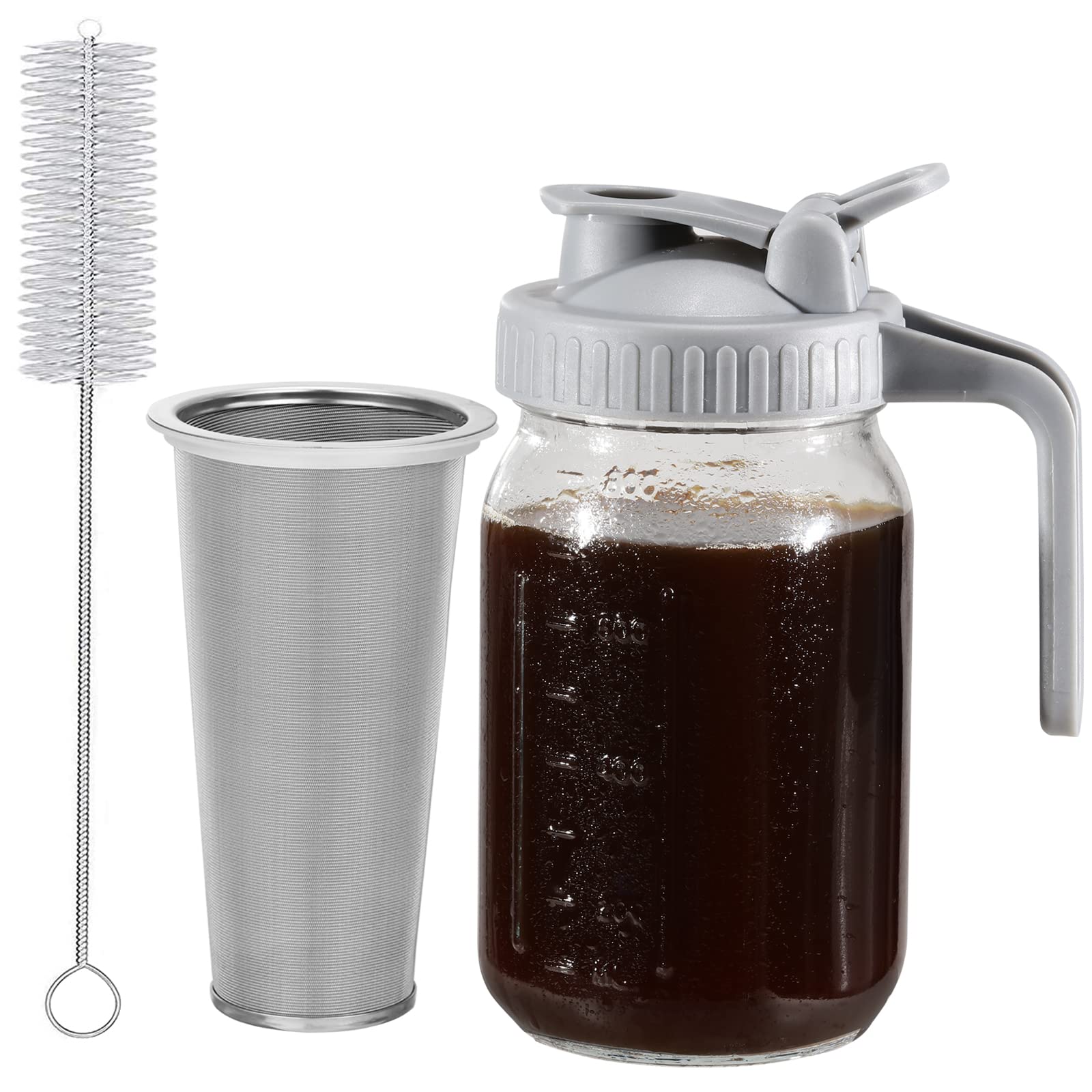 Cold Brew Coffee Maker Glass Pitcher, 32 Oz Mason Jar With Pour Spout Handle Lid With Stainless Steel Filter For Iced Coffee, Le