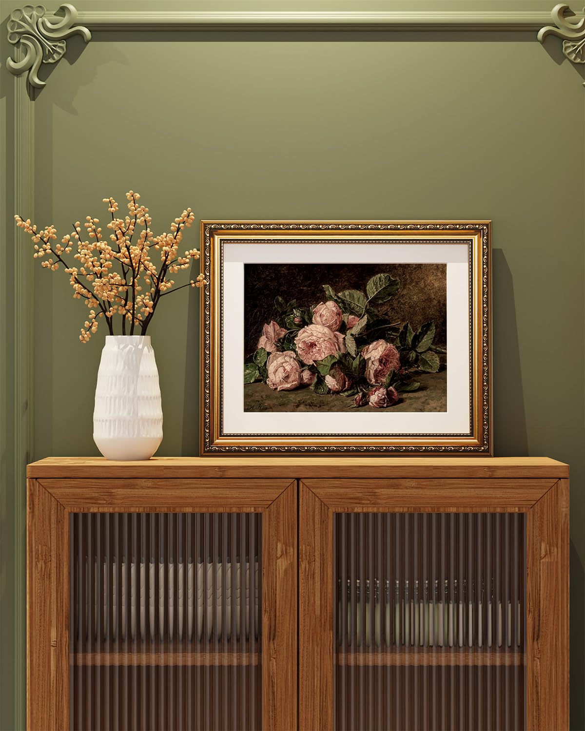 Arpeotcy Still Life Gold Framed Wall Art, Retro Pink Roses Canvas Prints Artwork With Antique Frame, Victorian Wall Paintings De