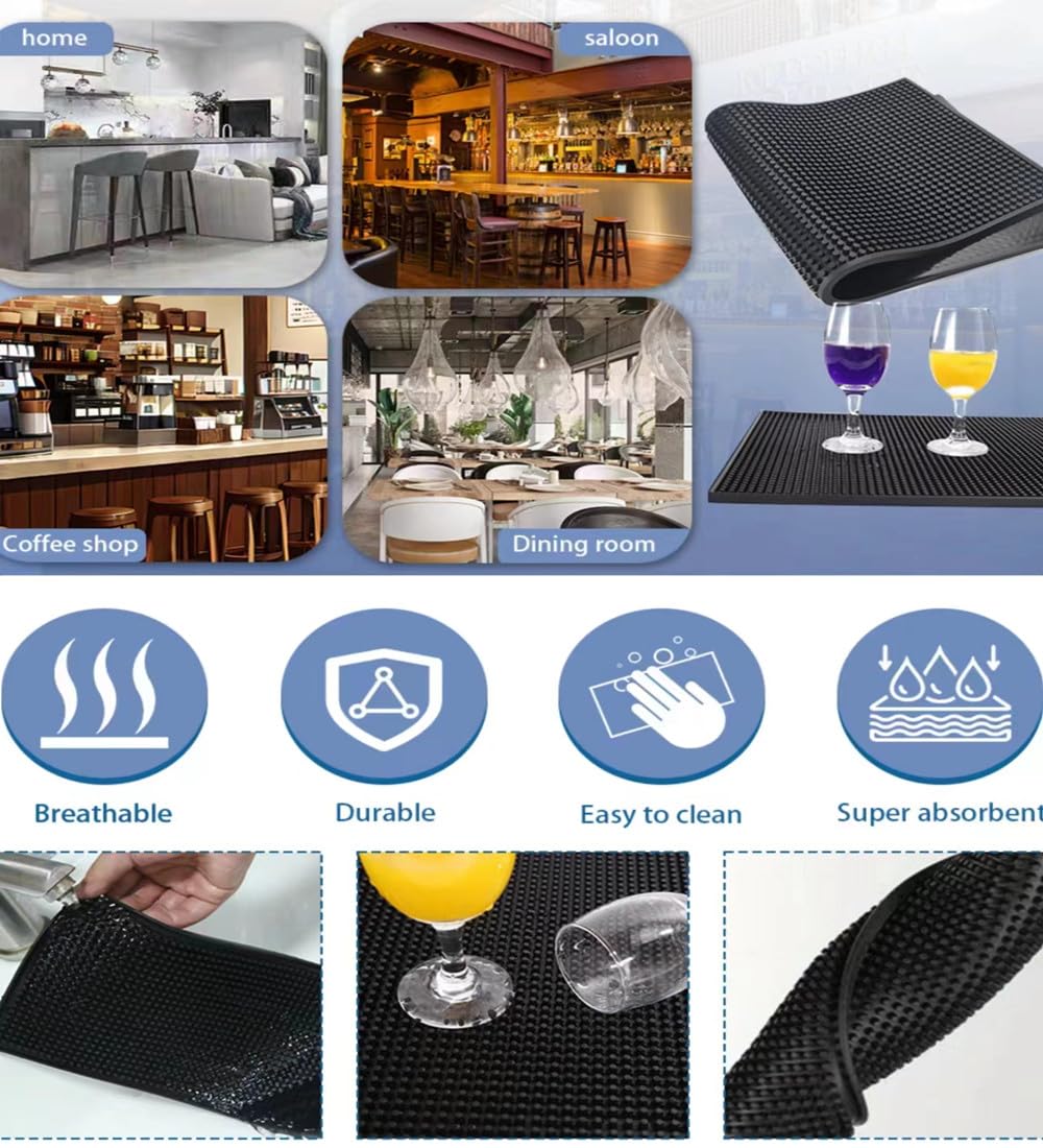 Wangchao Bar Mat Set Of 4 Nonslip Flexible Rubber Black Bar Service Spill Mat Barber Mats Dish Drying Mat (24'' X 12''+18'' X 12