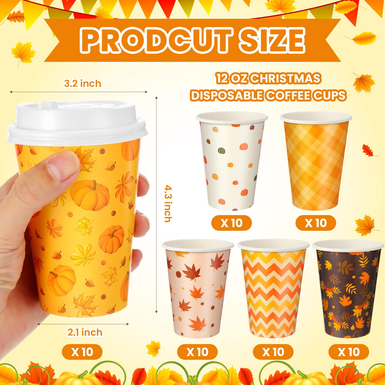 Sliner 60 Pcs Fall Thanksgiving Disposable Coffee Cups with Lids 12 oz Autumn Hot Cold Drinks Paper Cups Pumpkin Maple Leaf Beve